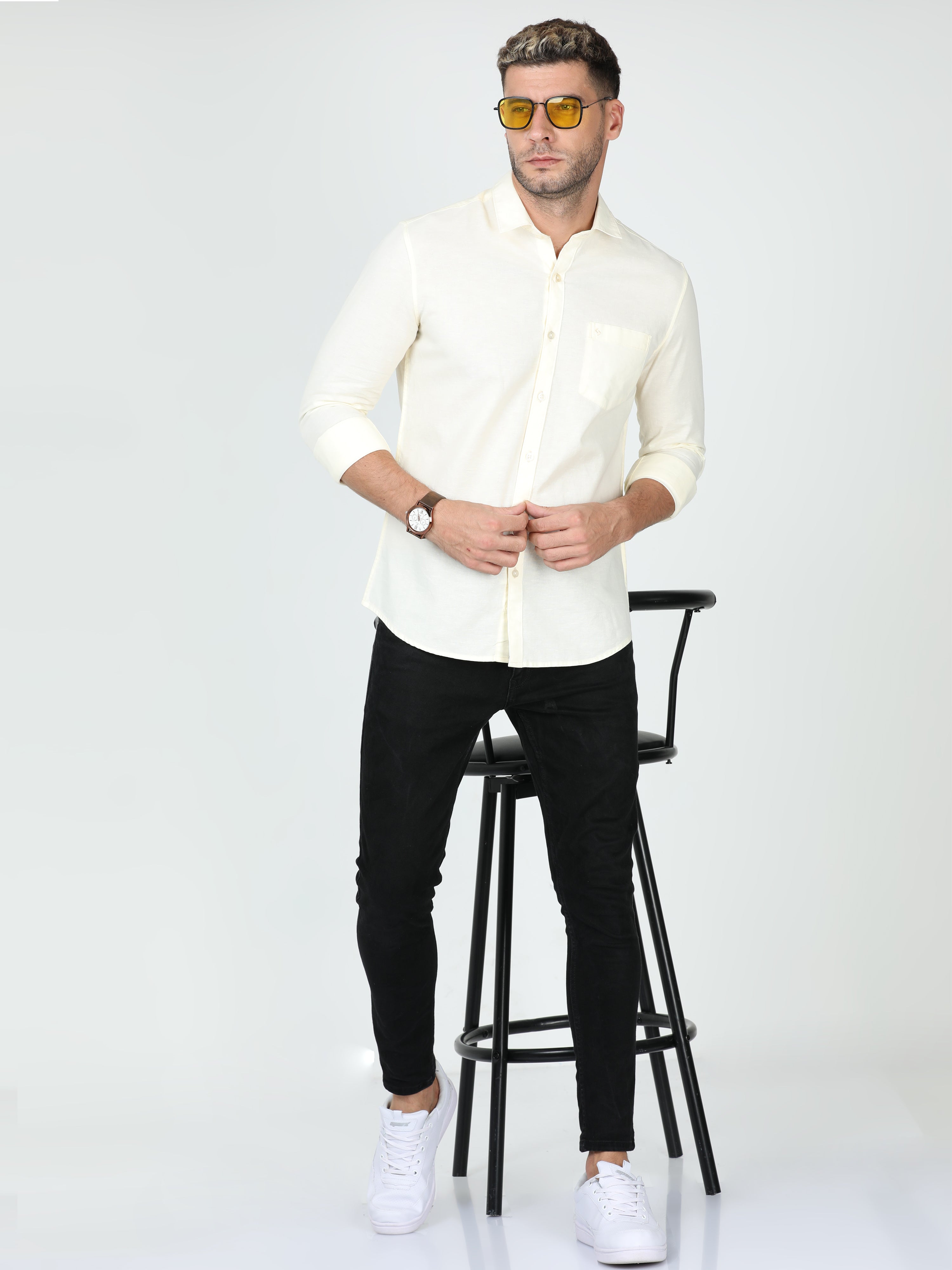 Classic Polo Mens Linen Cotton Full Sleeve Slim Fit Polo Neck Cream Color Woven Shirt | Linen - 12 B-FS-SLD-SF