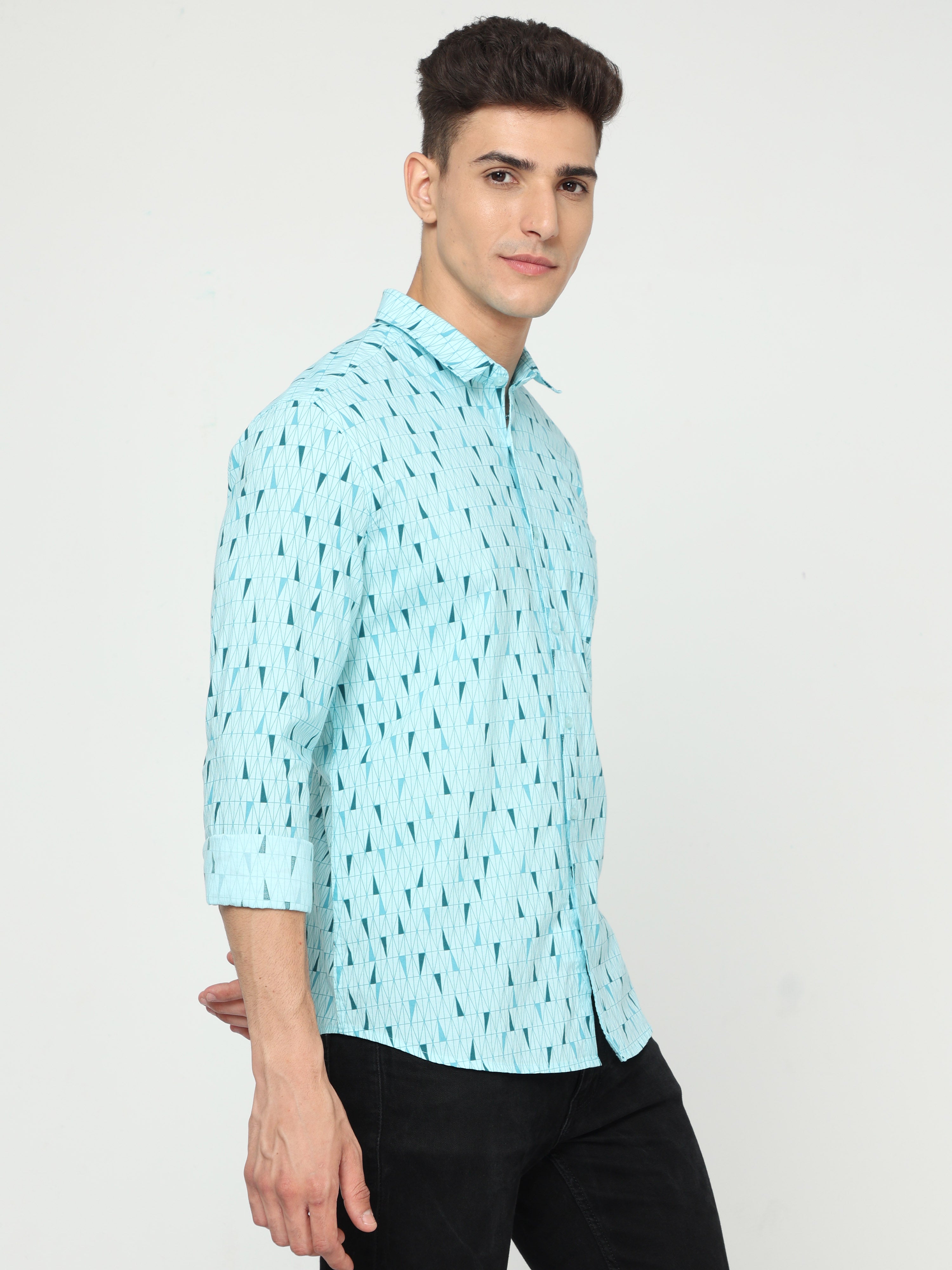 Classic Polo Mens Cotton Full Sleeve Printed Slim Fit Polo Neck Aqua Color Woven Shirt | SO1-150 B-FS-PRT