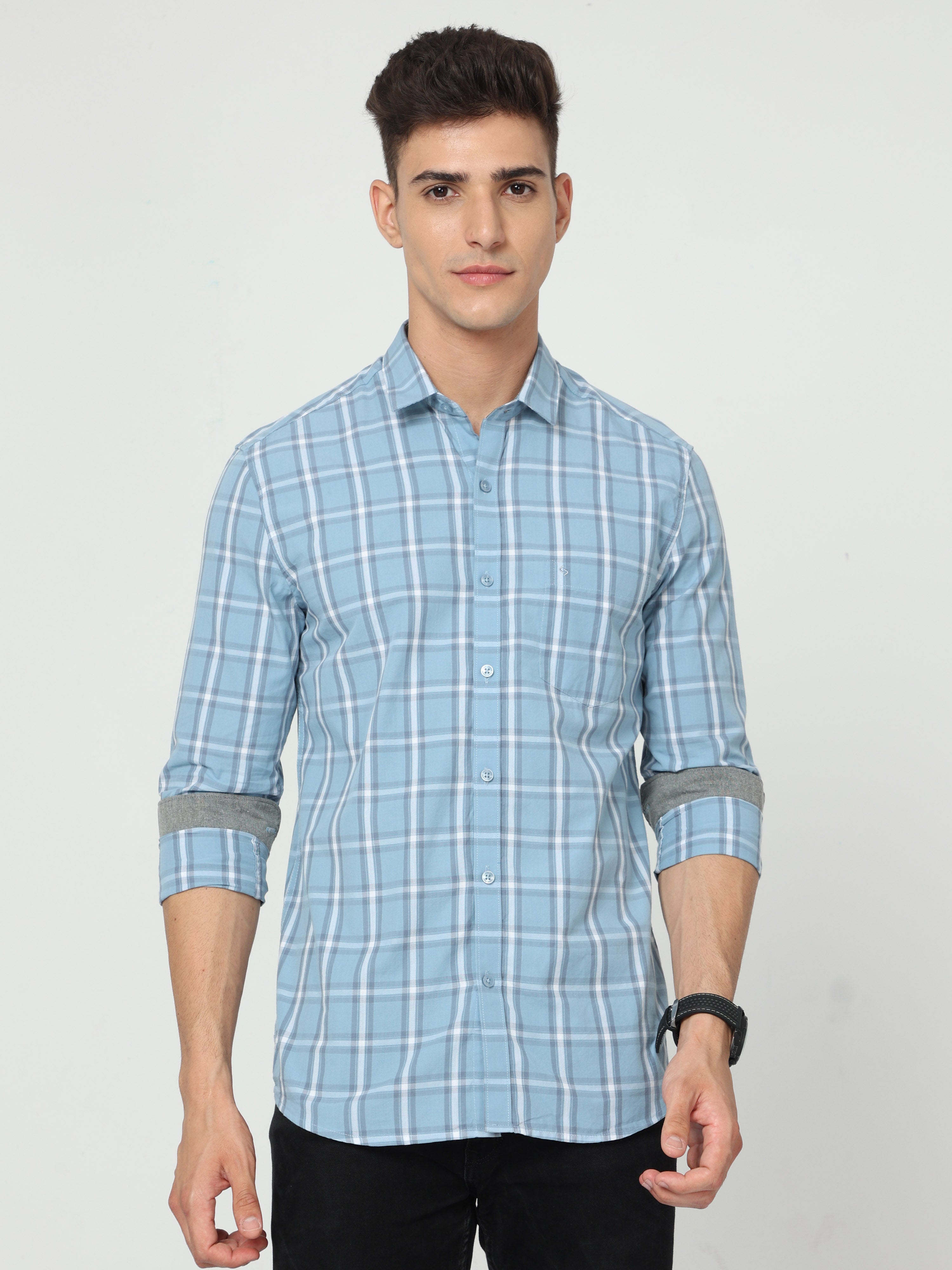 Classic Polo Men's Cotton Full Sleeve Checked Slim Fit Polo Neck Blue Color Woven Shirt | So1-106 A