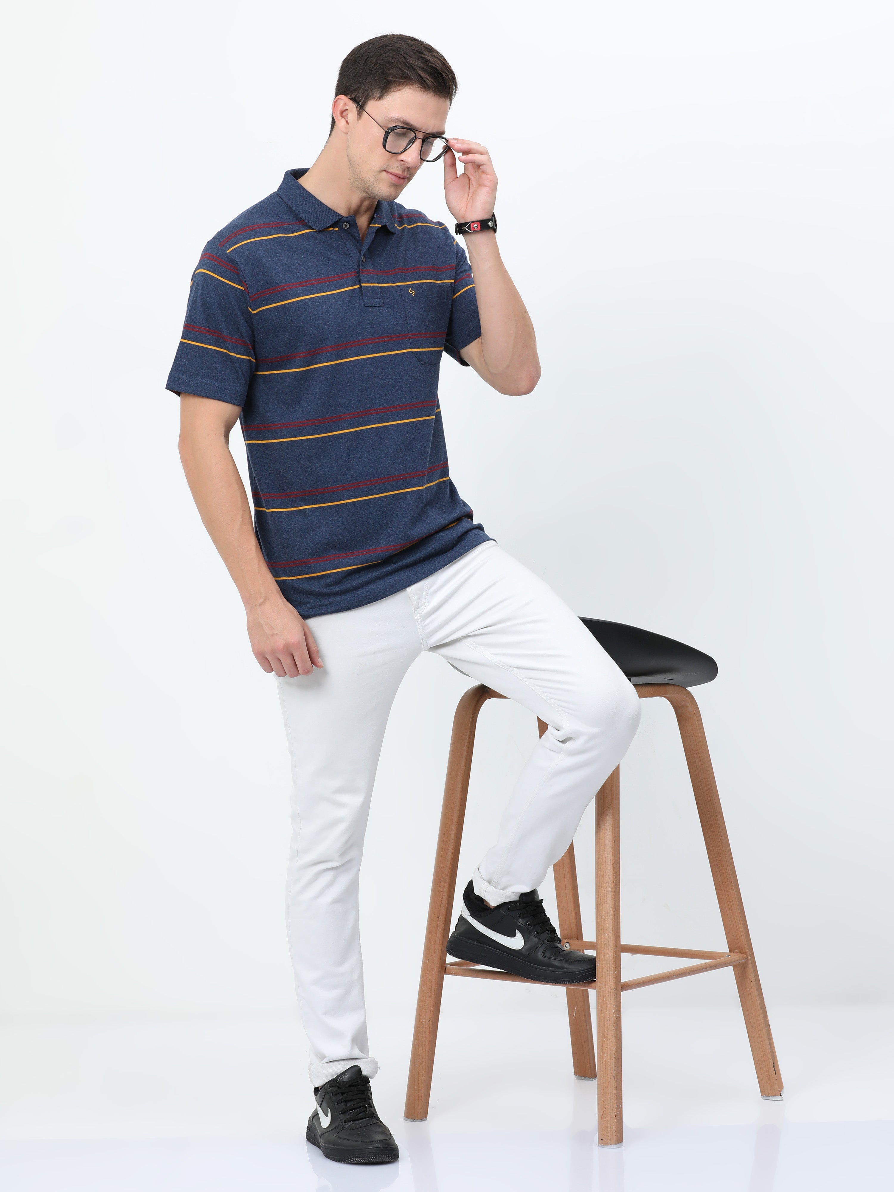 Classic Polo Mens Cotton Half Sleeves Striped Authentic Fit Polo Neck Blue Color T-Shirt | Avon - 543 B Af P