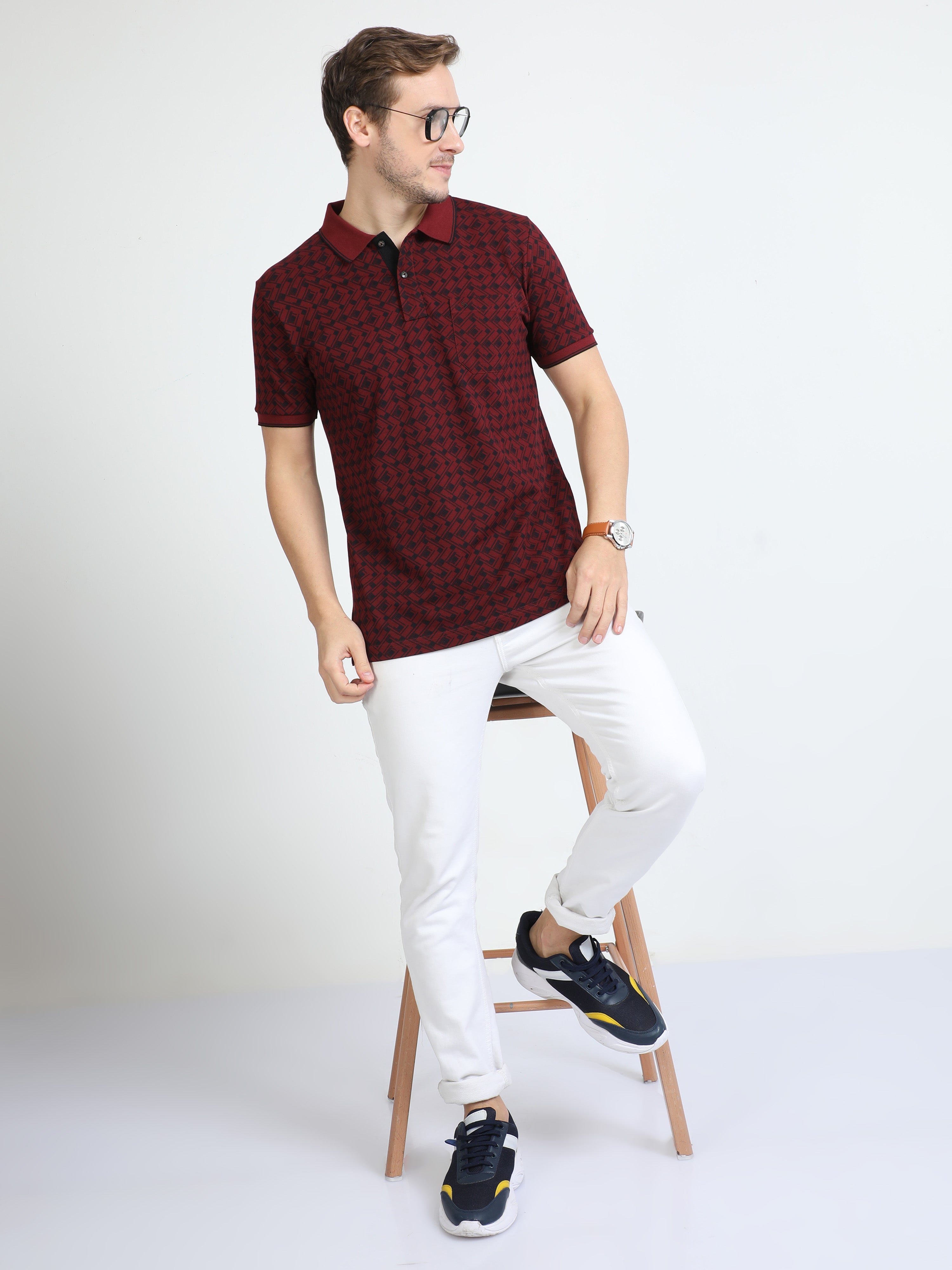 Classic Polo Mens Cotton Half Sleeves Floral Slim Fit Polo Neck Maroon Color T-Shirt | Beau - 223 B Sf P