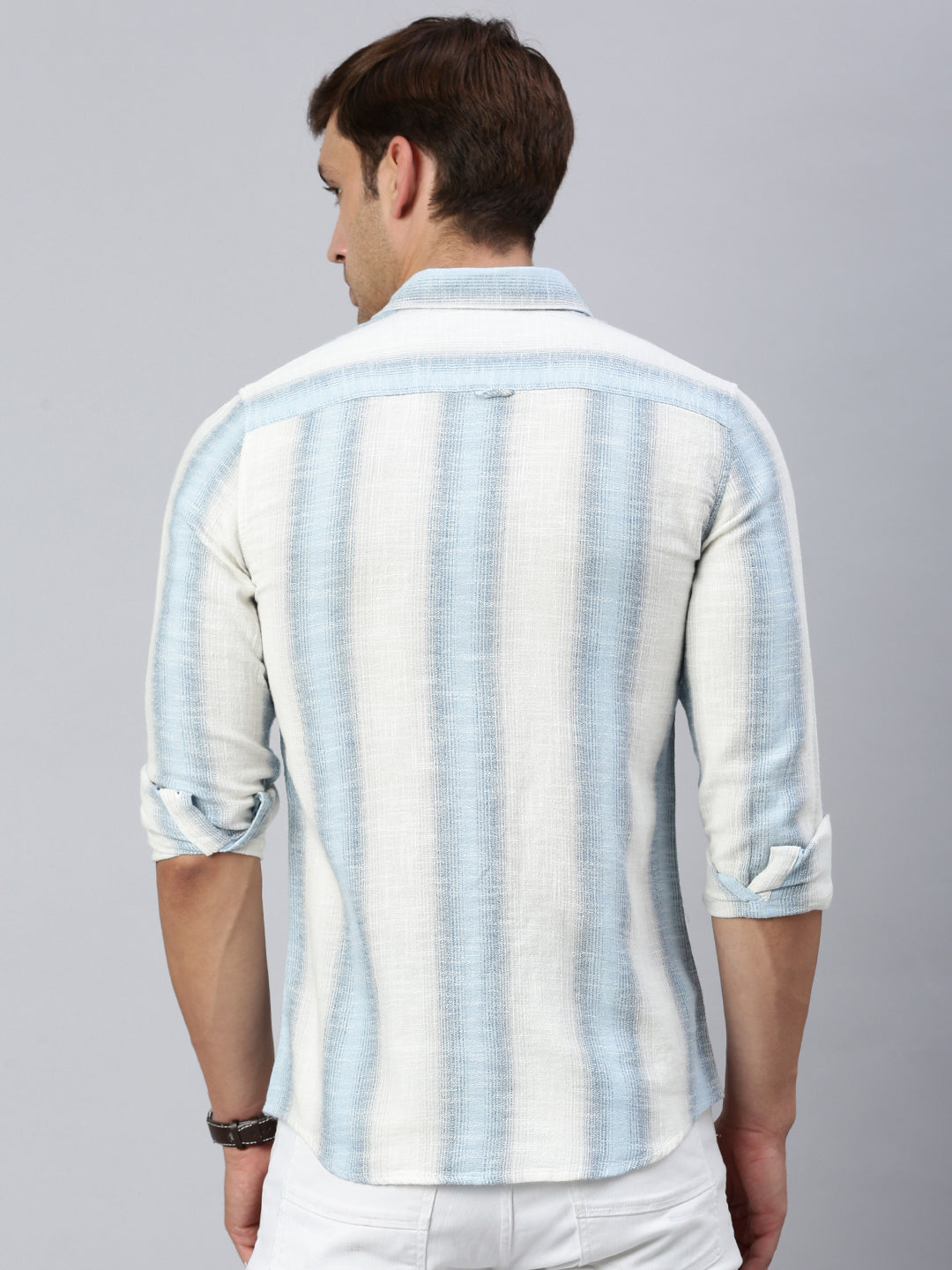 Classic Polo Men's Full Sleeve Off-White/Blue Polo Neck Slim Fit Striped Shirt | SP2-GN-01 B-FS-STR-BSL