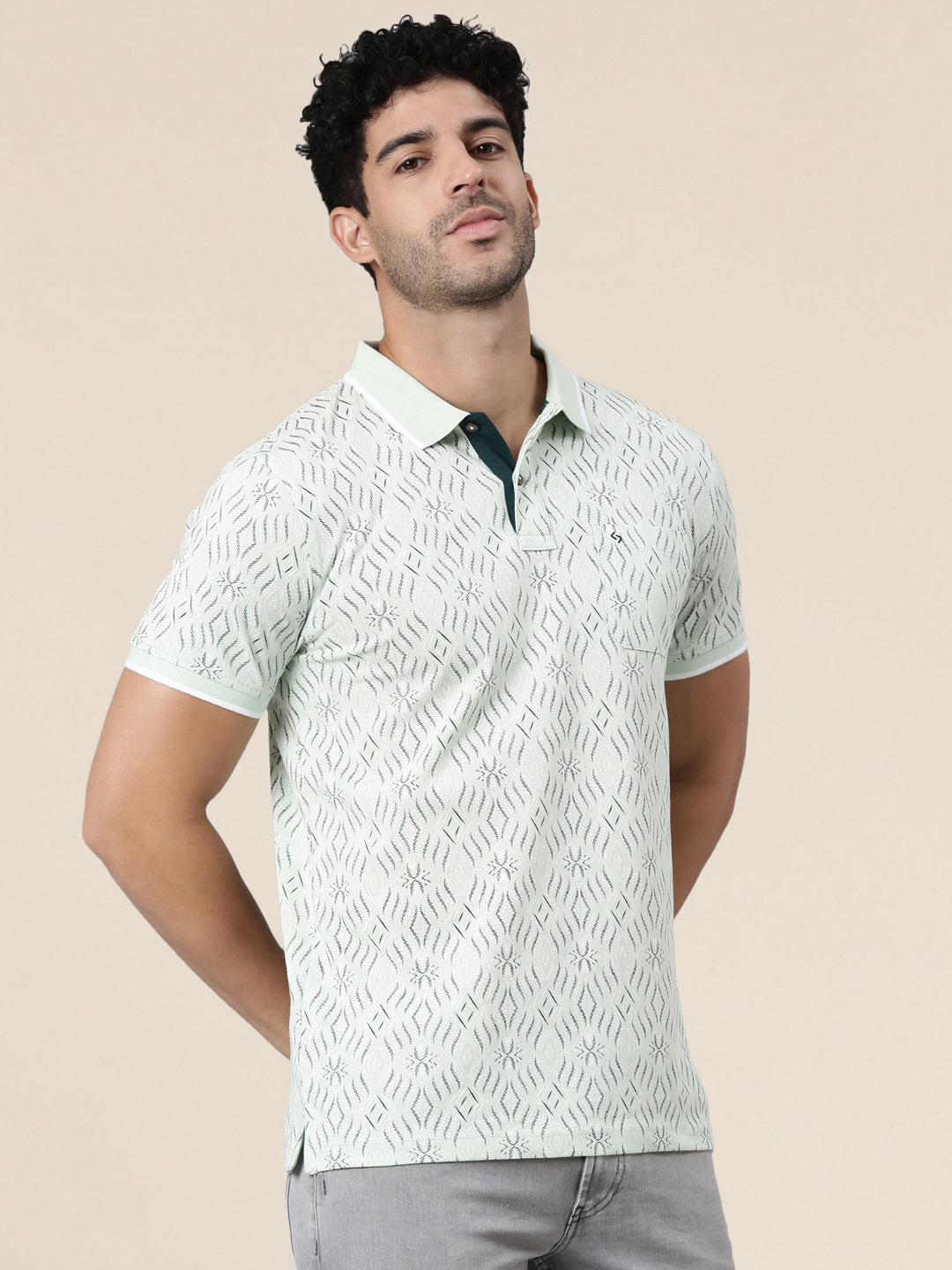 Classic Polo Men's Half Sleeve Light Green Polo Neck Slim Fit All-Over Print Cotton T-Shirt | BEAU - 307 B SF P