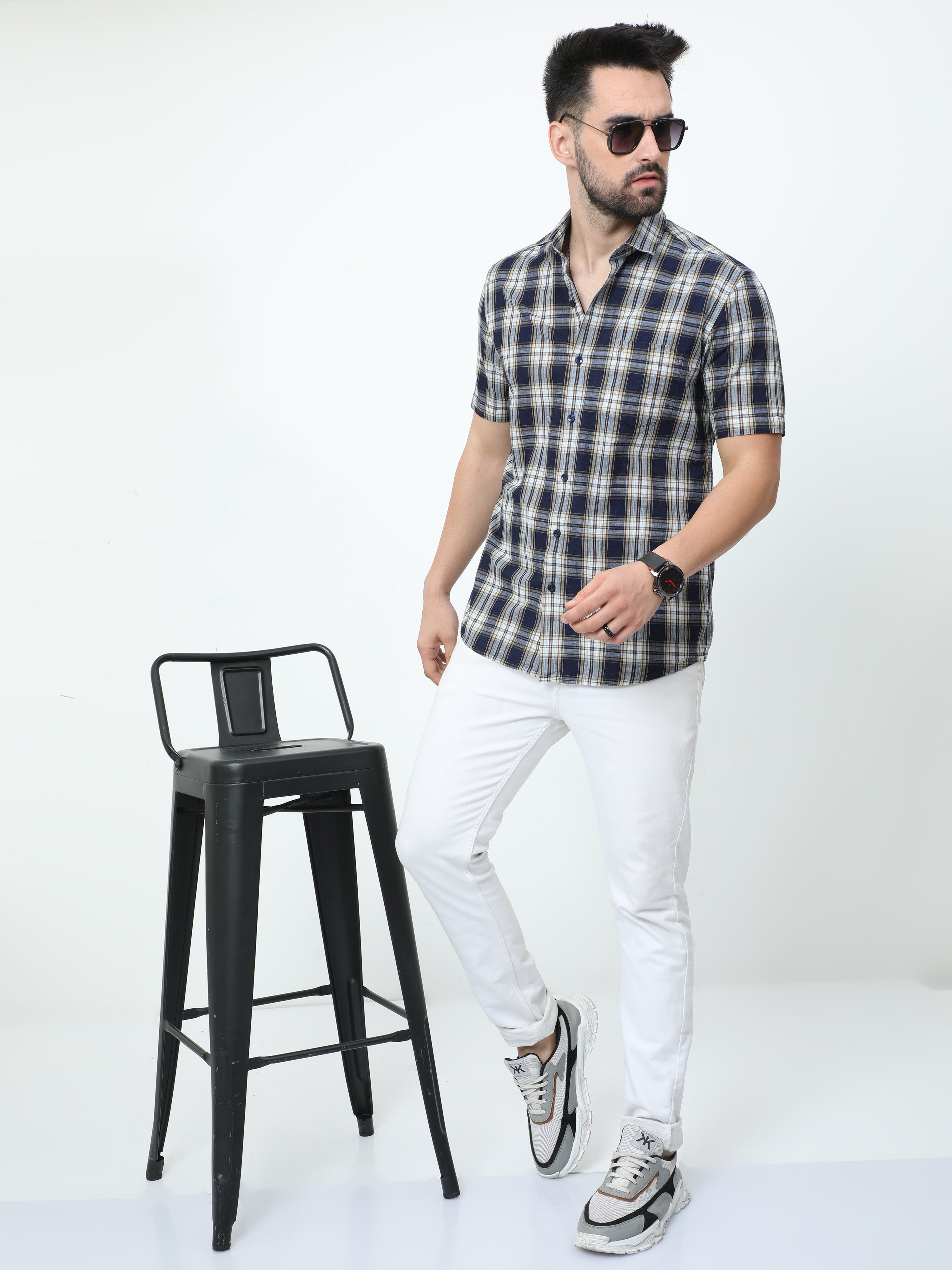 Classic Polo Mens Pure Cotton Half Sleeves Checked Slim Fit Polo Neck Navy Color Woven Shirt | So2-174 B-Hs-Chk-Sf