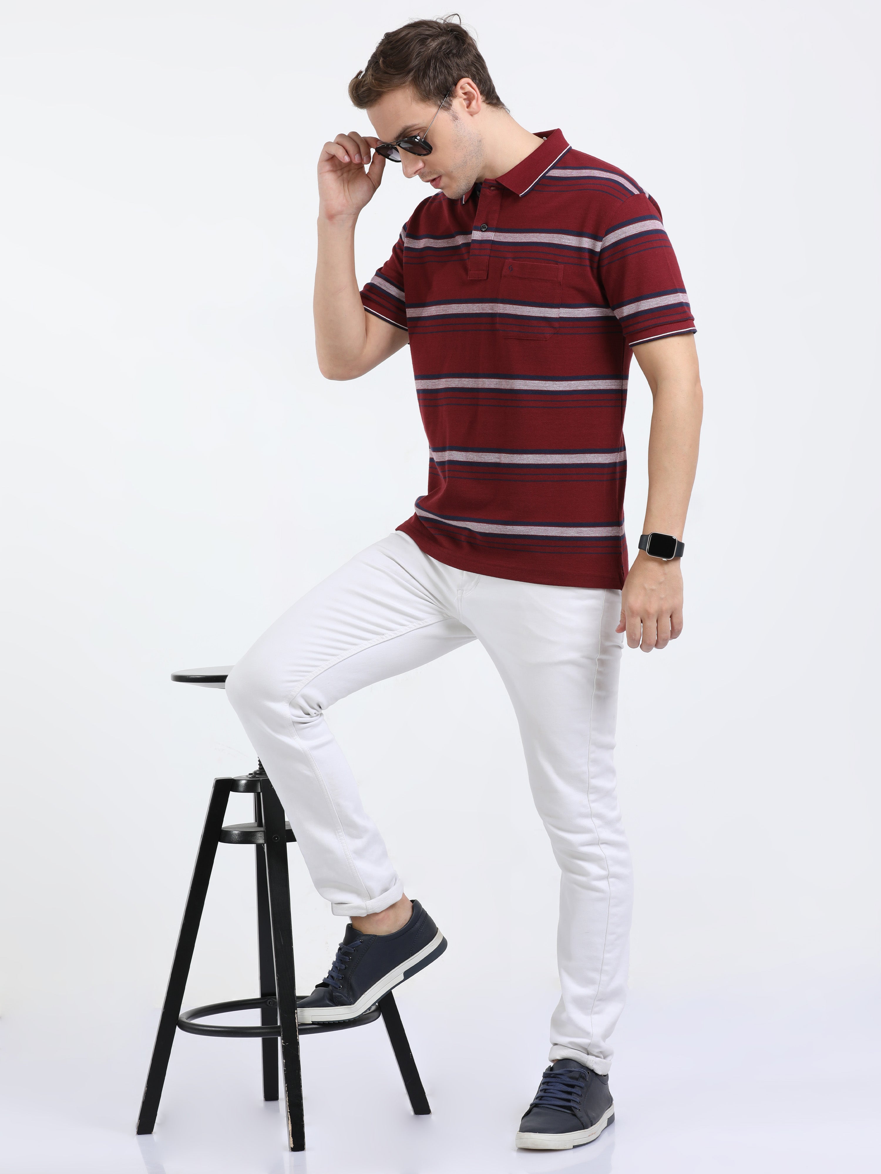 Classic Polo Mens Cotton Half Sleeves Striped Slim Fit Polo Neck Brown Color T-Shirt | Adore - 209 A Sf P