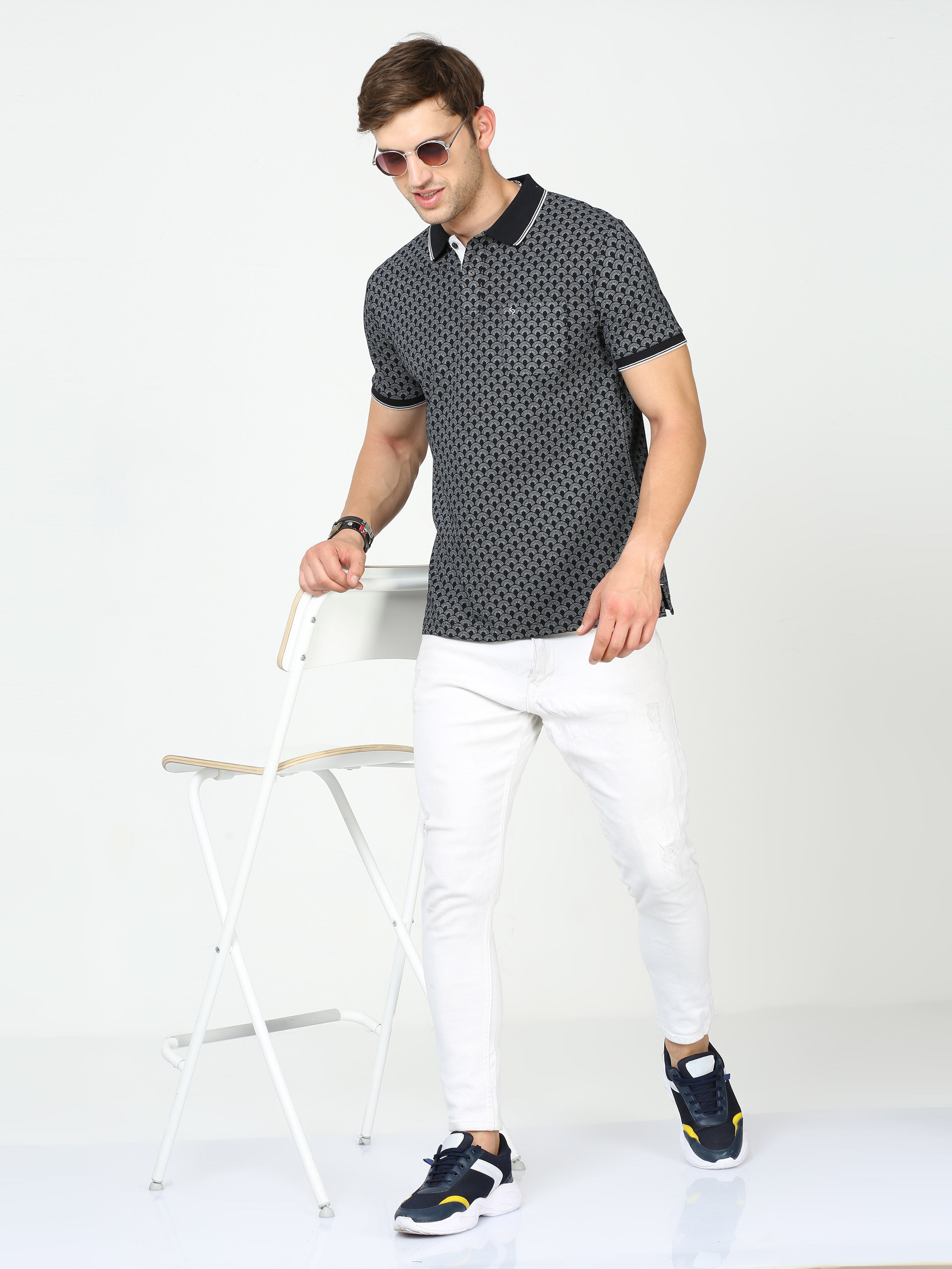 Classic Polo Mens Cotton Half Sleeves Floral Slim Fit Polo Neck Black Color T-Shirt | Beau - 225 B Sf P