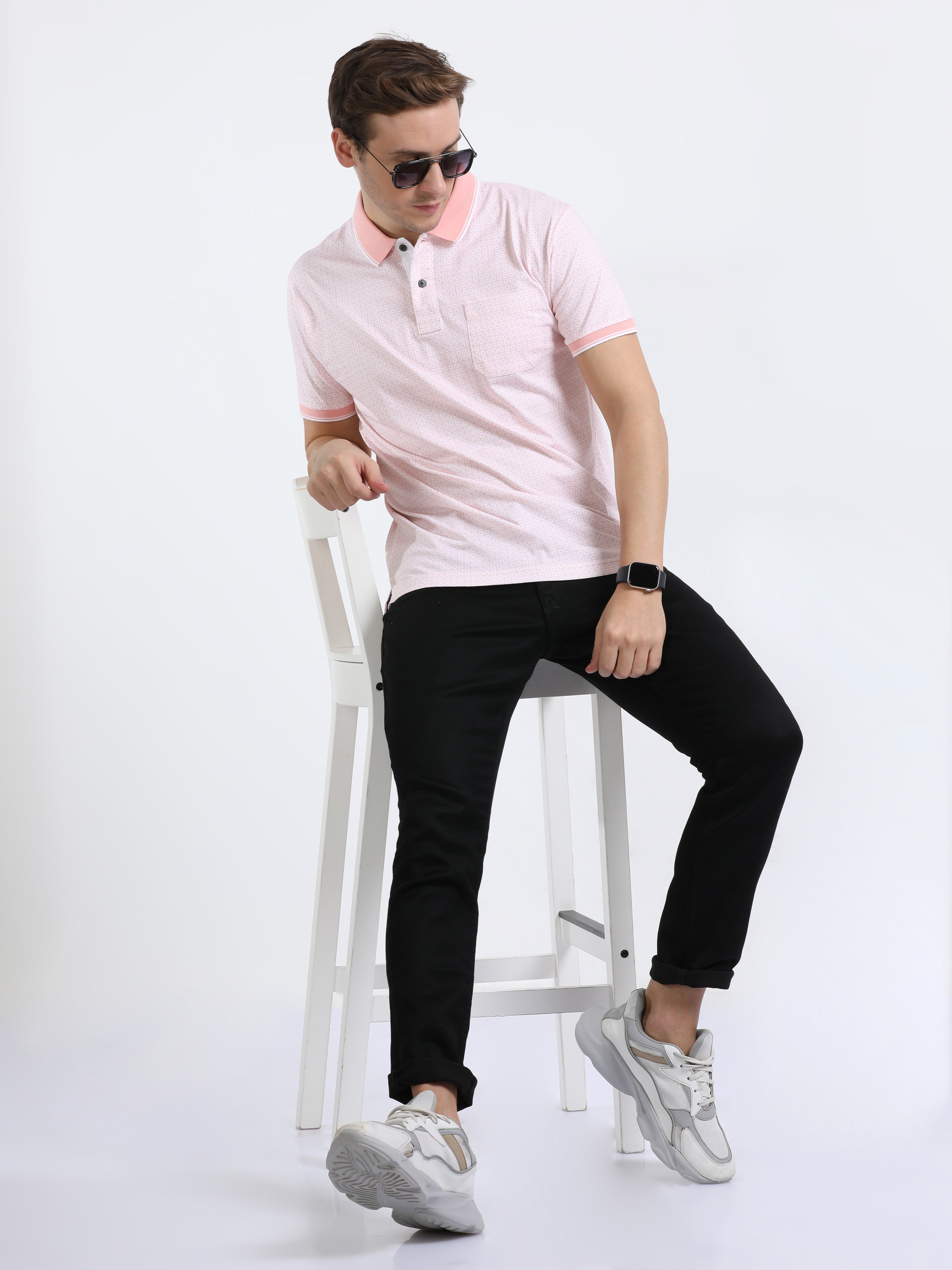 Classic Polo Mens Pure Cotton Half Sleeves Printed Slim Fit Polo Neck Peach Color T-Shirt | Bello - 217 A Sf P
