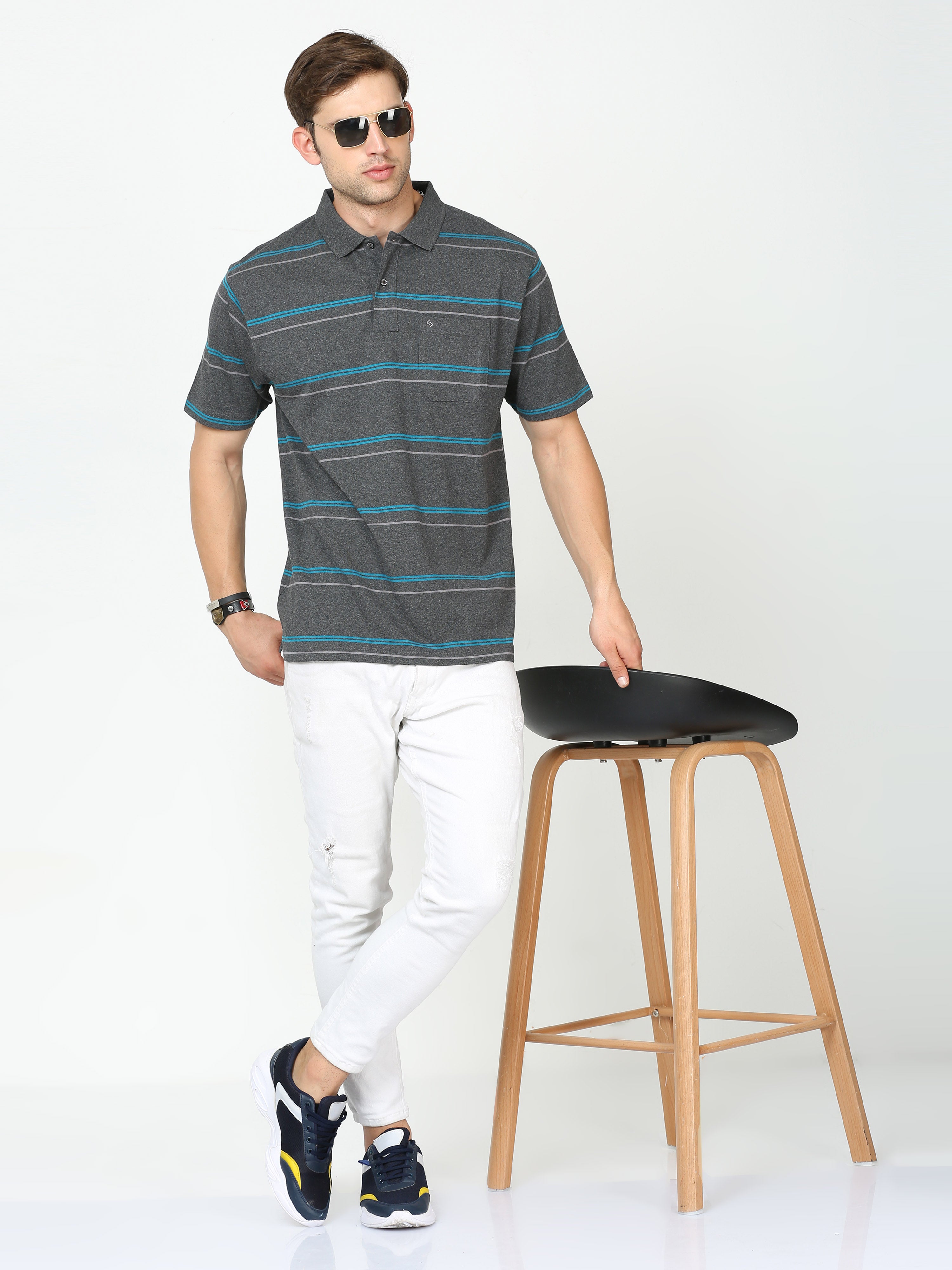 Classic Polo Mens Cotton Half Sleeves Striped Authentic Fit Polo Neck Black Color T-Shirt | Avon - 543 A Af P
