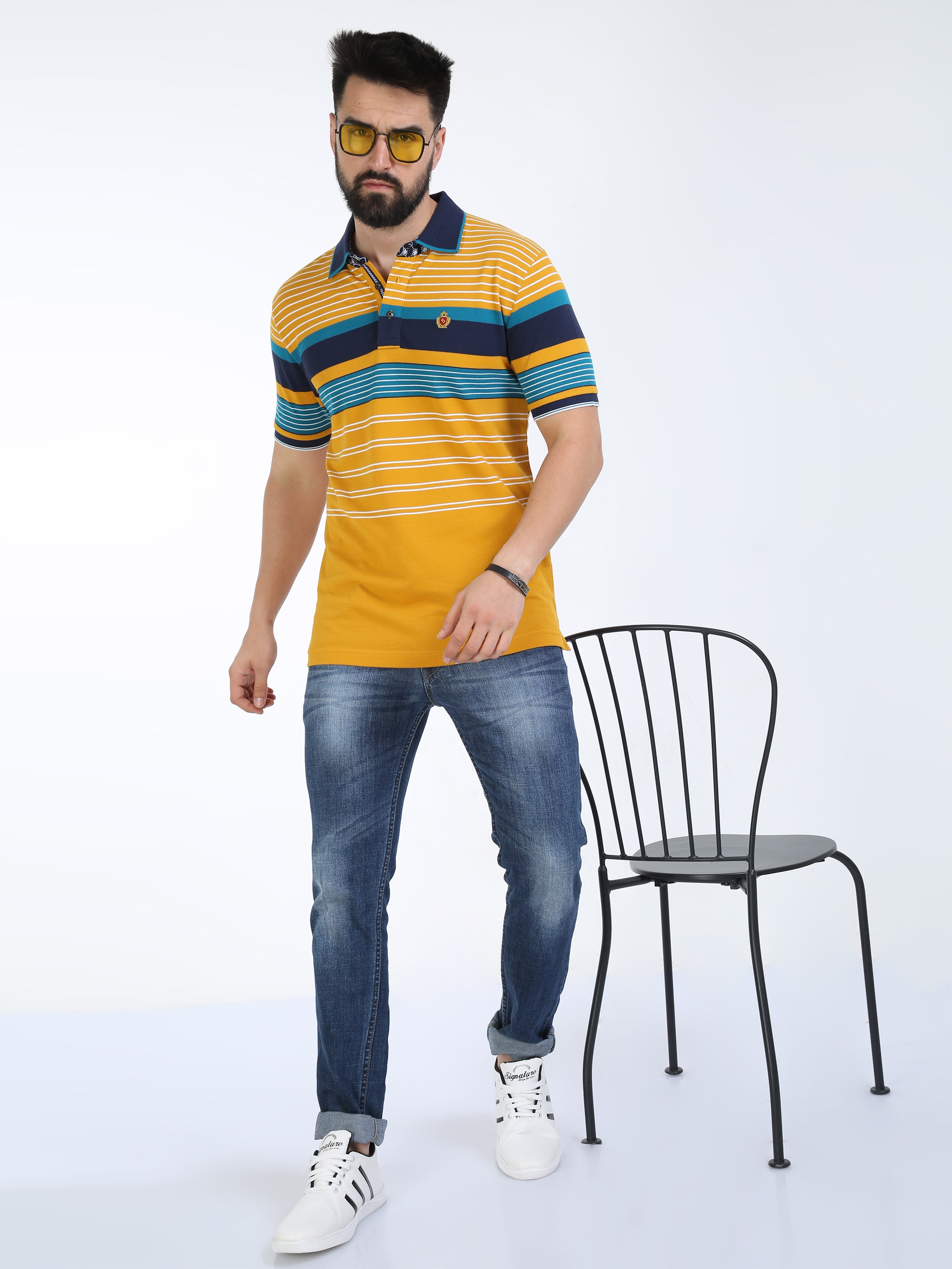 Classic Polo Mens Cotton Half Sleeves Striped Slim Fit Polo Neck Yellow Color T-Shirt | Vta - 244 B Sf P
