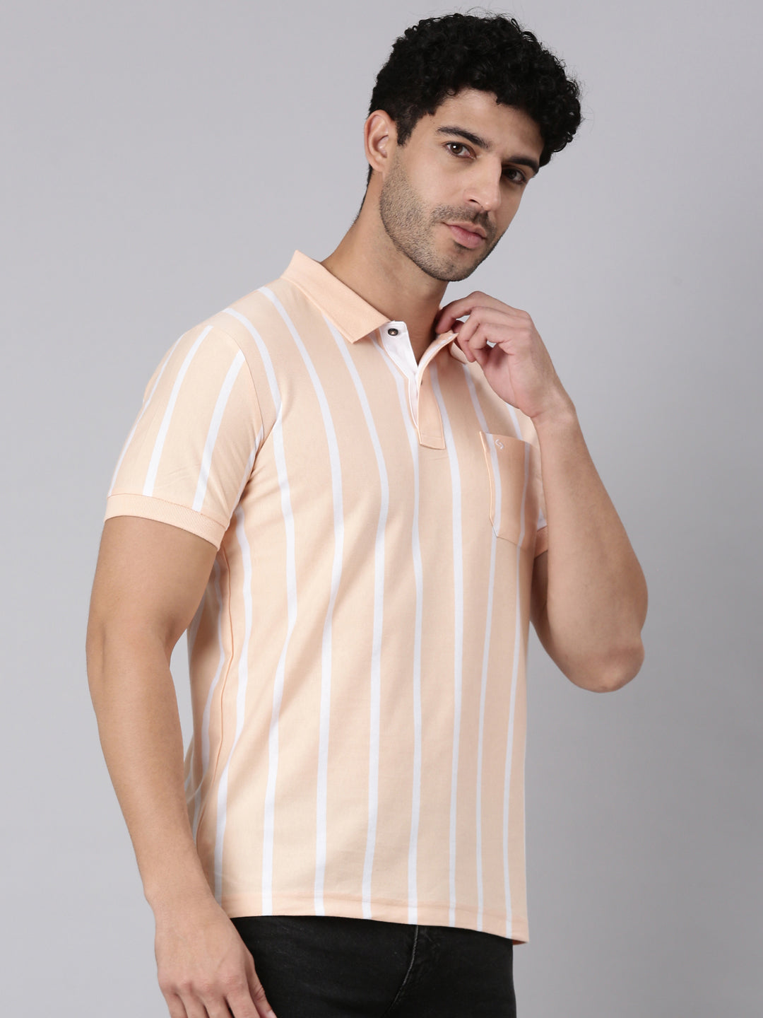 Classic Polo Men's Half Sleeve Light Orange/White Polo Neck Slim Fit Striped Cotton Blend T-Shirt | VERTICS - 121 B SF P