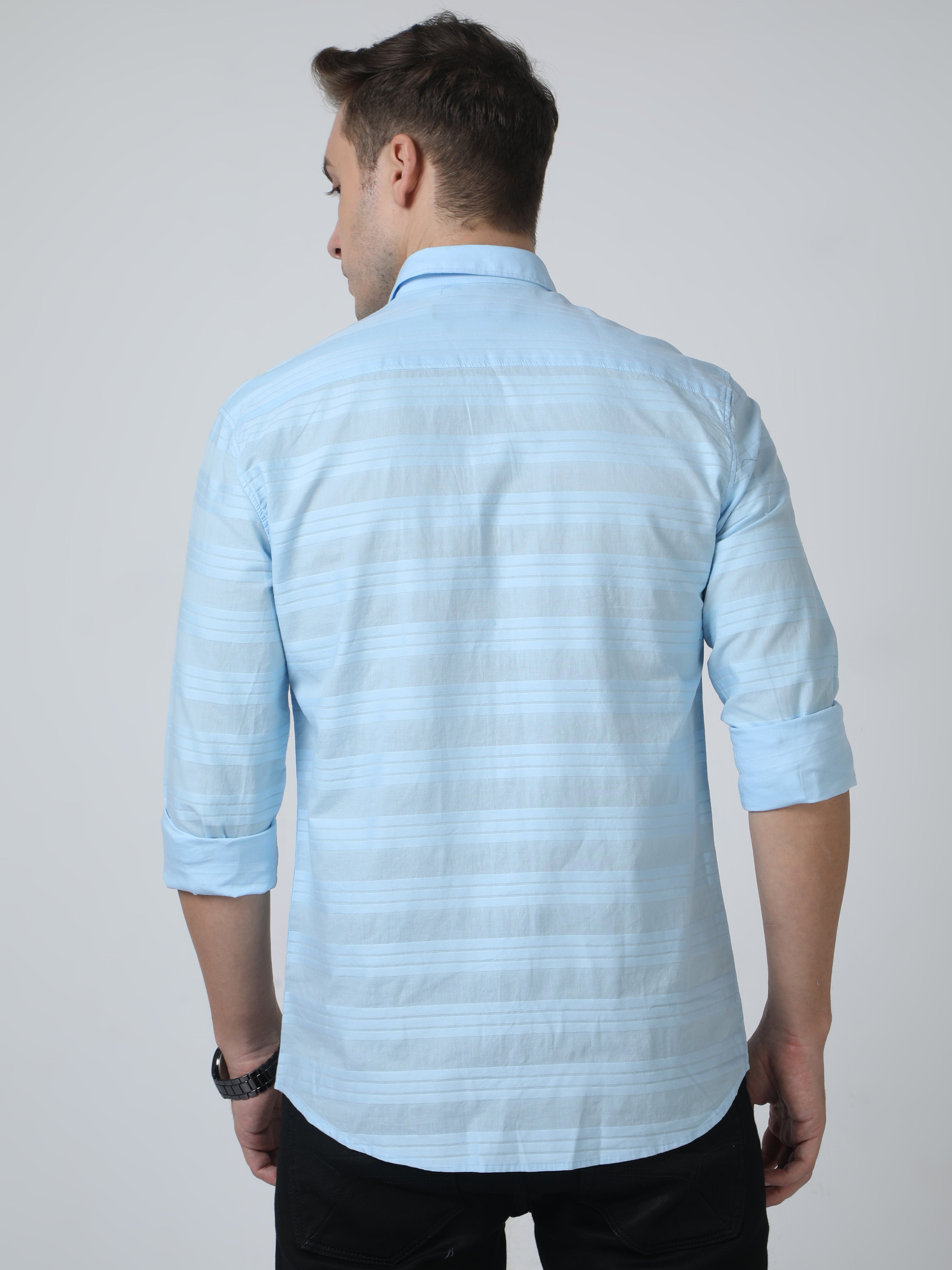 Classic Polo Mens Pure Cotton Full Sleeves Striped Slim Fit Polo Neck Light Blue Color Woven Shirt | So2-176 B-Fs-Sld-Sf