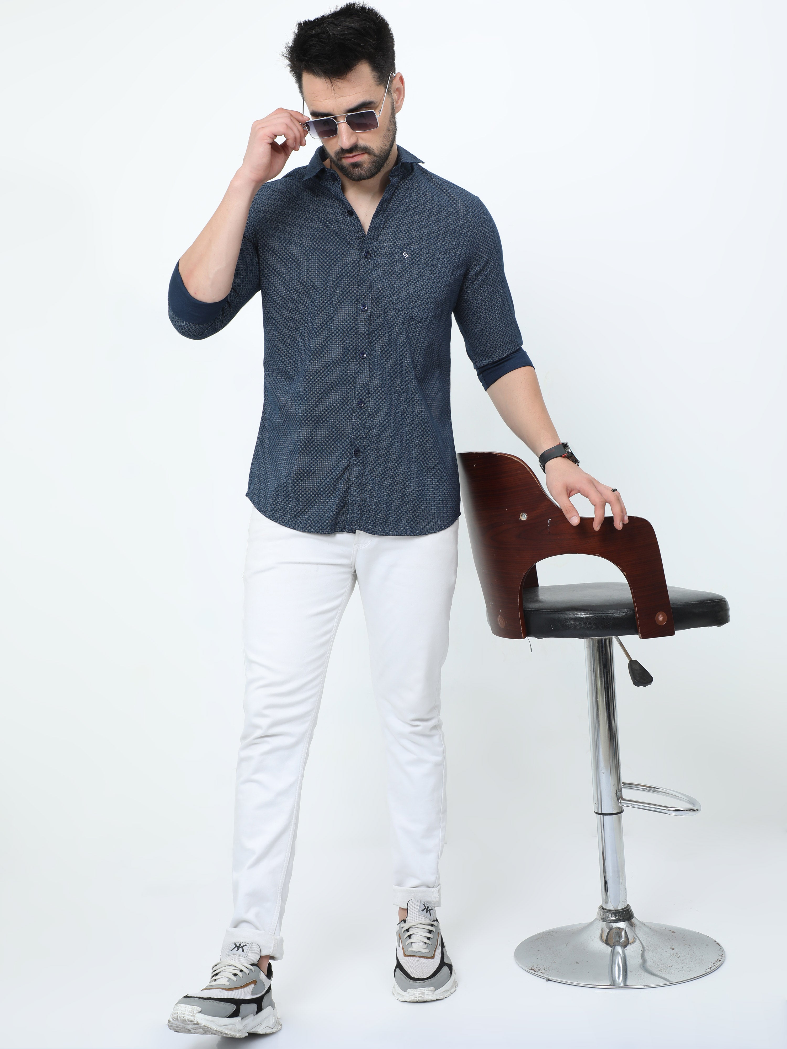 Classic Polo Mens Pure Cotton Full Sleeves Printed Slim Fit Polo Neck Navy Color Woven Shirt | So2-39 B-Fs-Prt-Sf