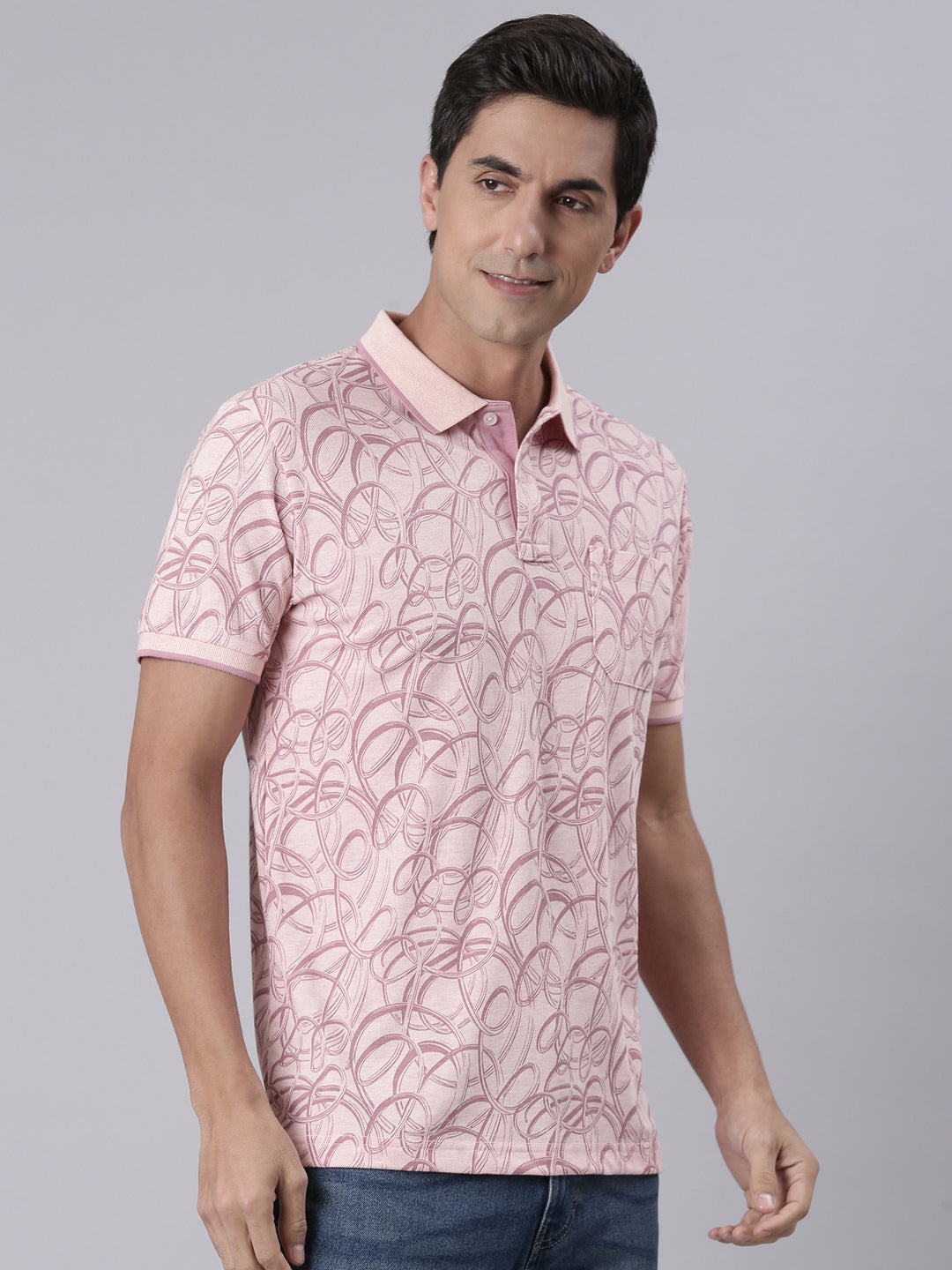 Classic Polo Men's Half Sleeve Peach Polo Neck Slim Fit All Over Print Cotton T-Shirt | BEAU - 286 B SF P