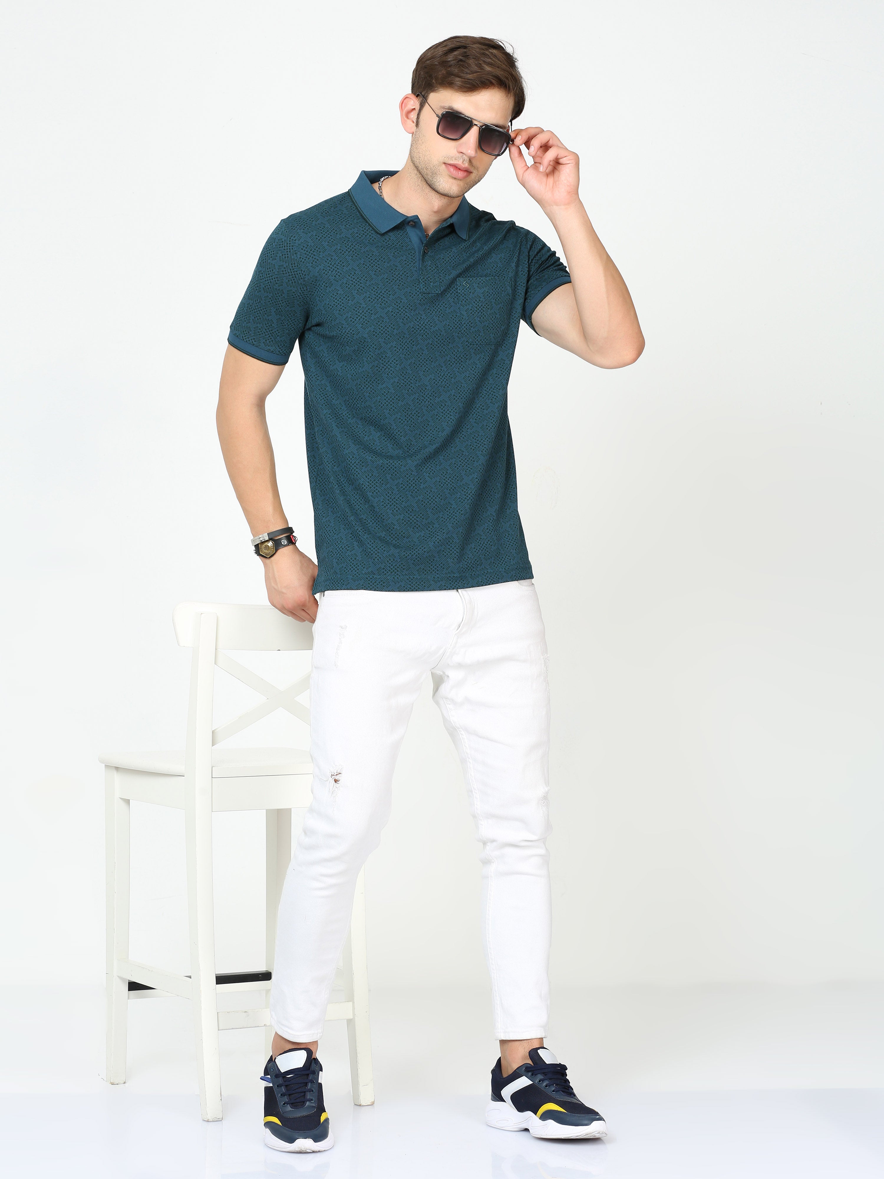 Classic Polo Mens Cotton Half Sleeves Floral Slim Fit Polo Neck Blue Color T-Shirt | Beau - 222 B Sf P