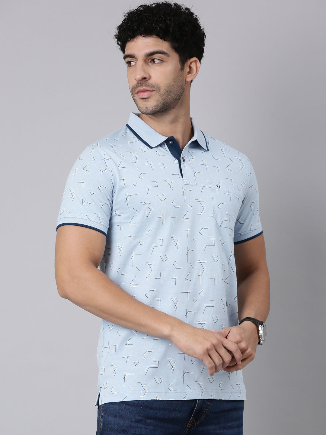 Classic Polo Men's Half Sleeve Blue Polo Neck Slim Fit All-Over Print Cotton T-Shirt | BELLO - 383 B SF P