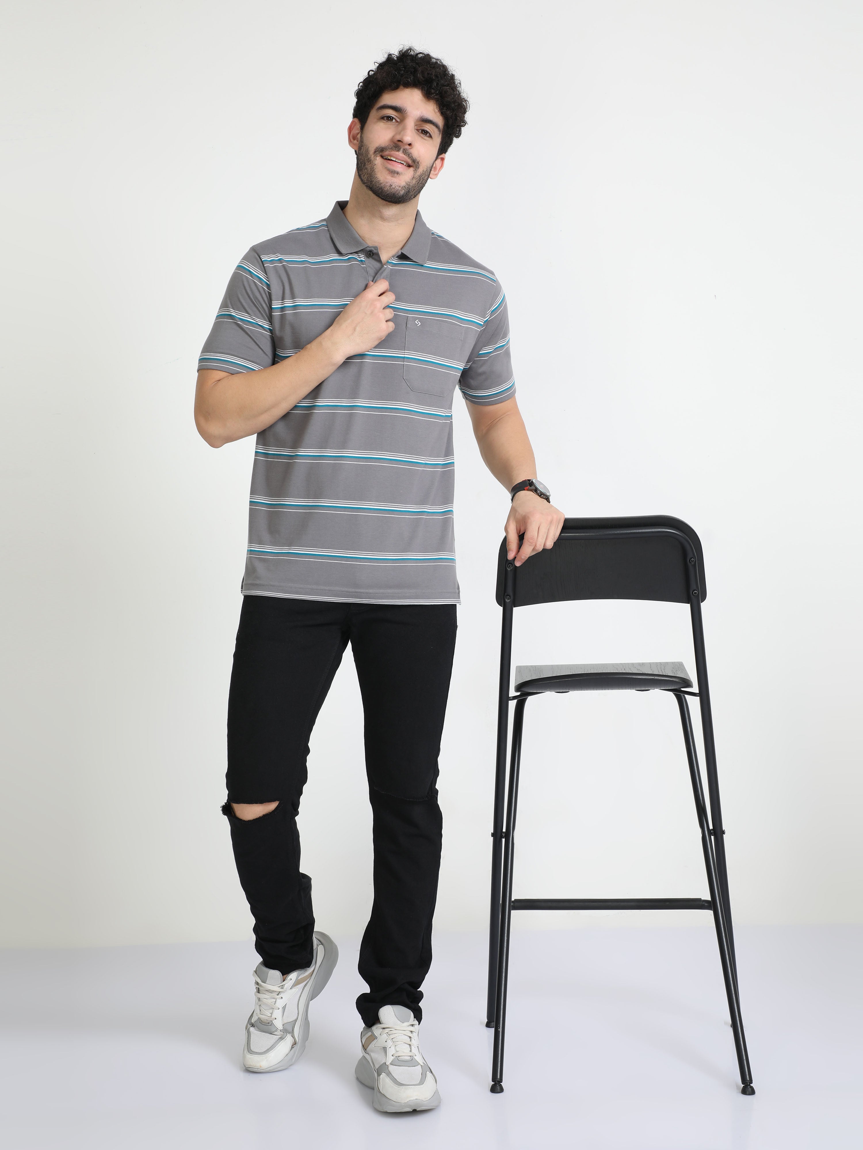 Classic Polo Mens Cotton Half Sleeves Striped Authentic Fit Polo Neck Ash Color T-Shirt | Avon - 538 B Af P
