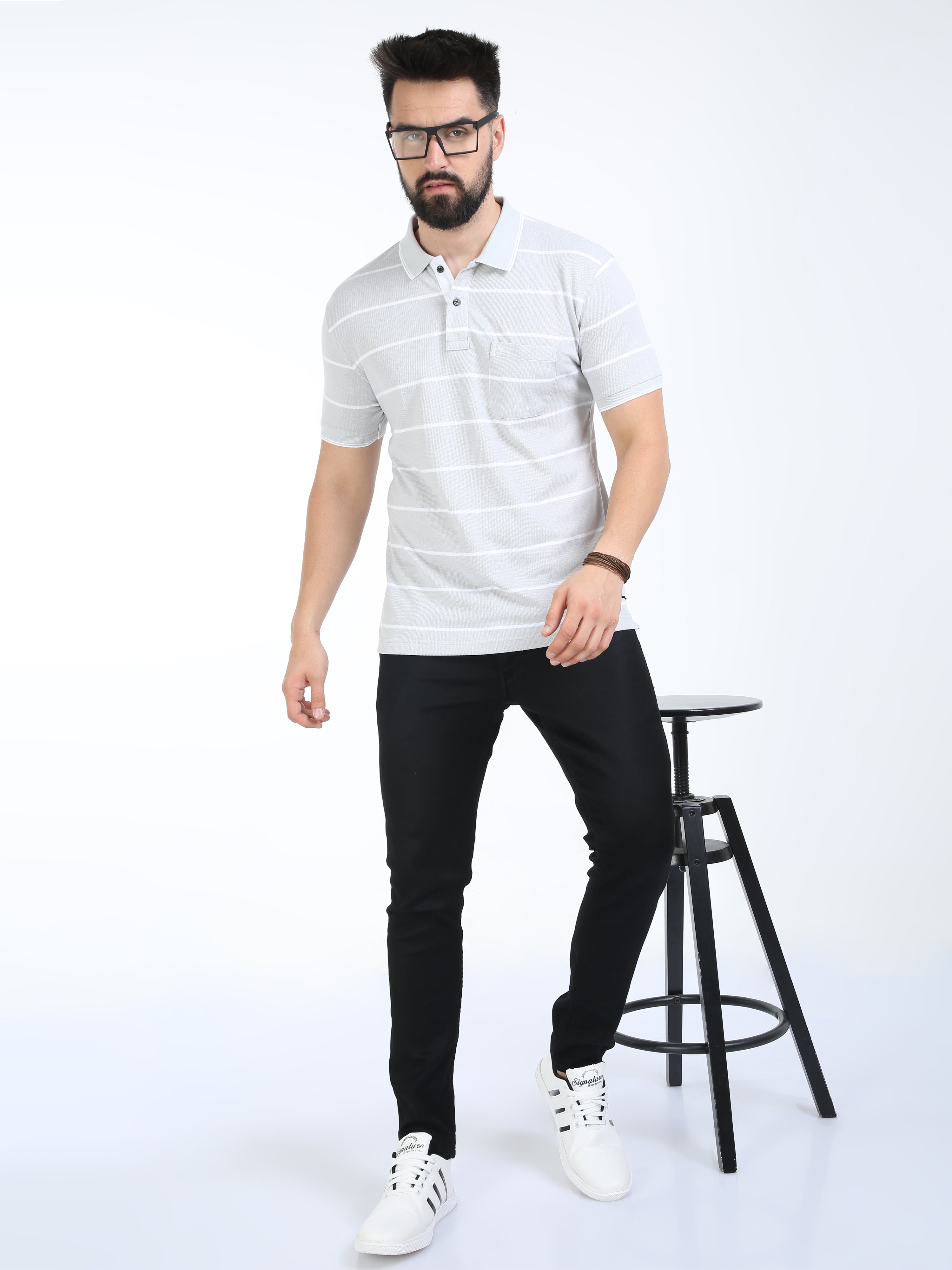 Classic Polo Mens Cotton Half Sleeves Striped Slim Fit Polo Neck Aqua Color T-Shirt | Adore - 210 A Sf P