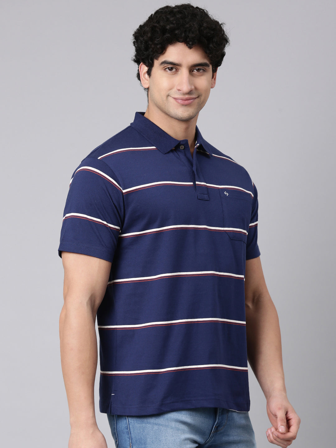 Classic Polo Men's Half Sleeve Navy Blue Polo Neck Authentic Fit Striped Cotton Blend T-Shirt | AVON - 669 A AF P