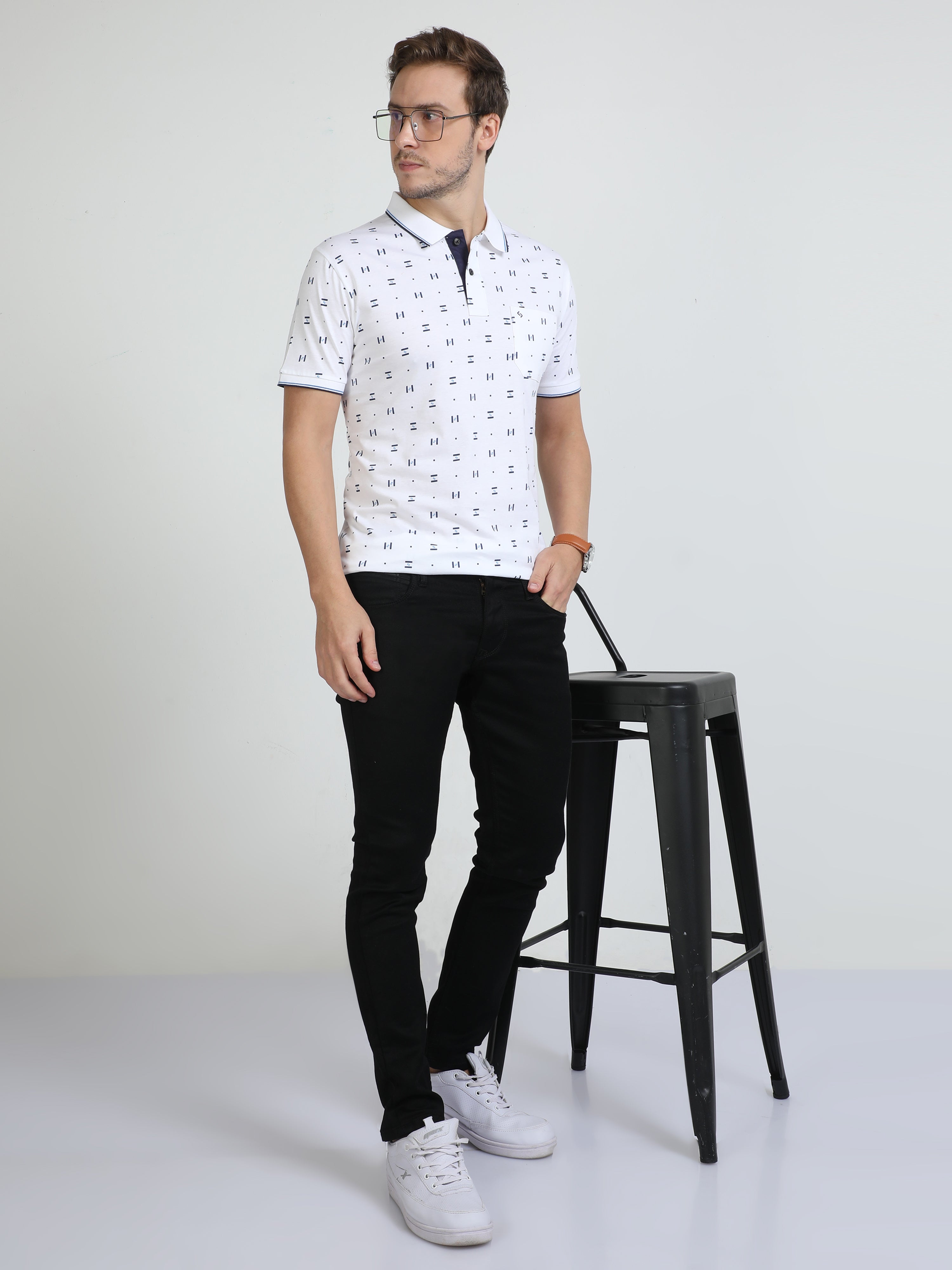 Classic Polo Mens Pure Cotton Half Sleeves Printed Slim Fit Polo Neck White Color T-Shirt | Bello - 218 A Sf P