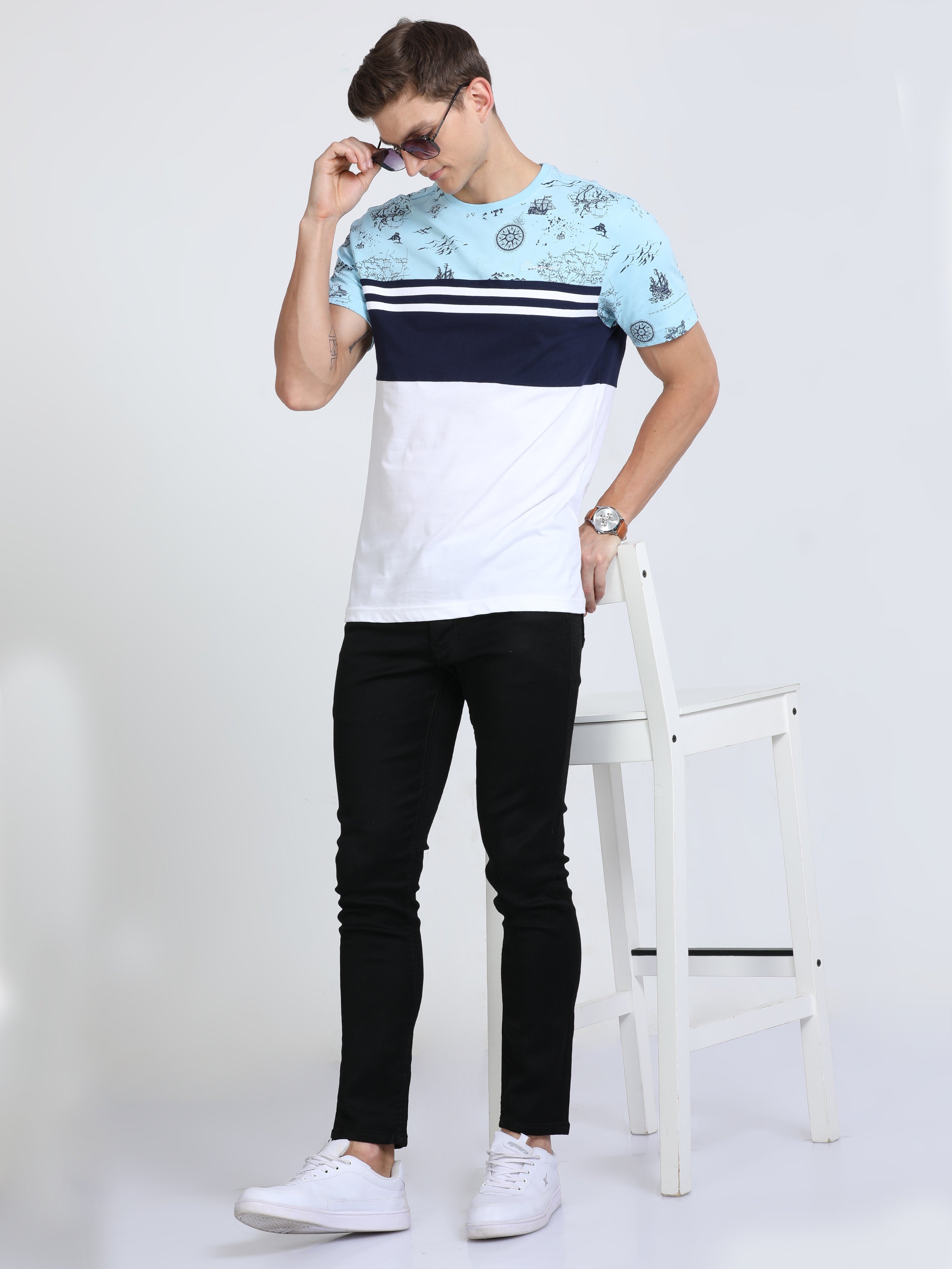 Classic Polo Mens Cotton Half Sleeves Color Blocked Slim Fit Crew Neck White Color T-Shirt | Baleno - 559 A Sf C