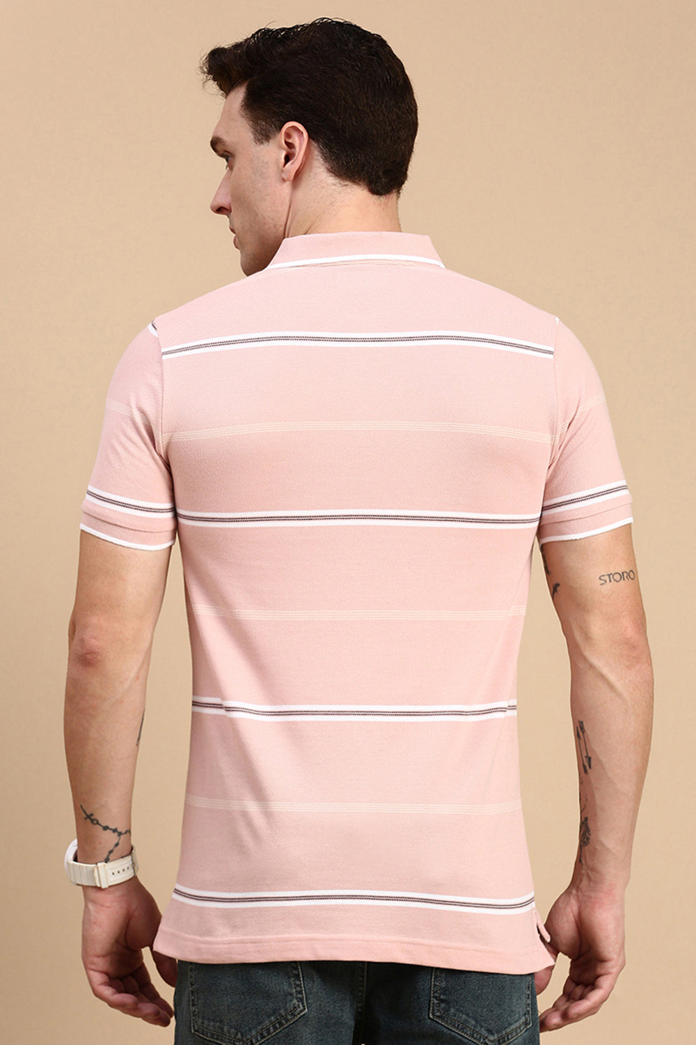 Classic Polo Men's Half Sleeve Pink/White Polo Neck Slim Fit Striped T-Shirt | ADORE - 226 B SF P