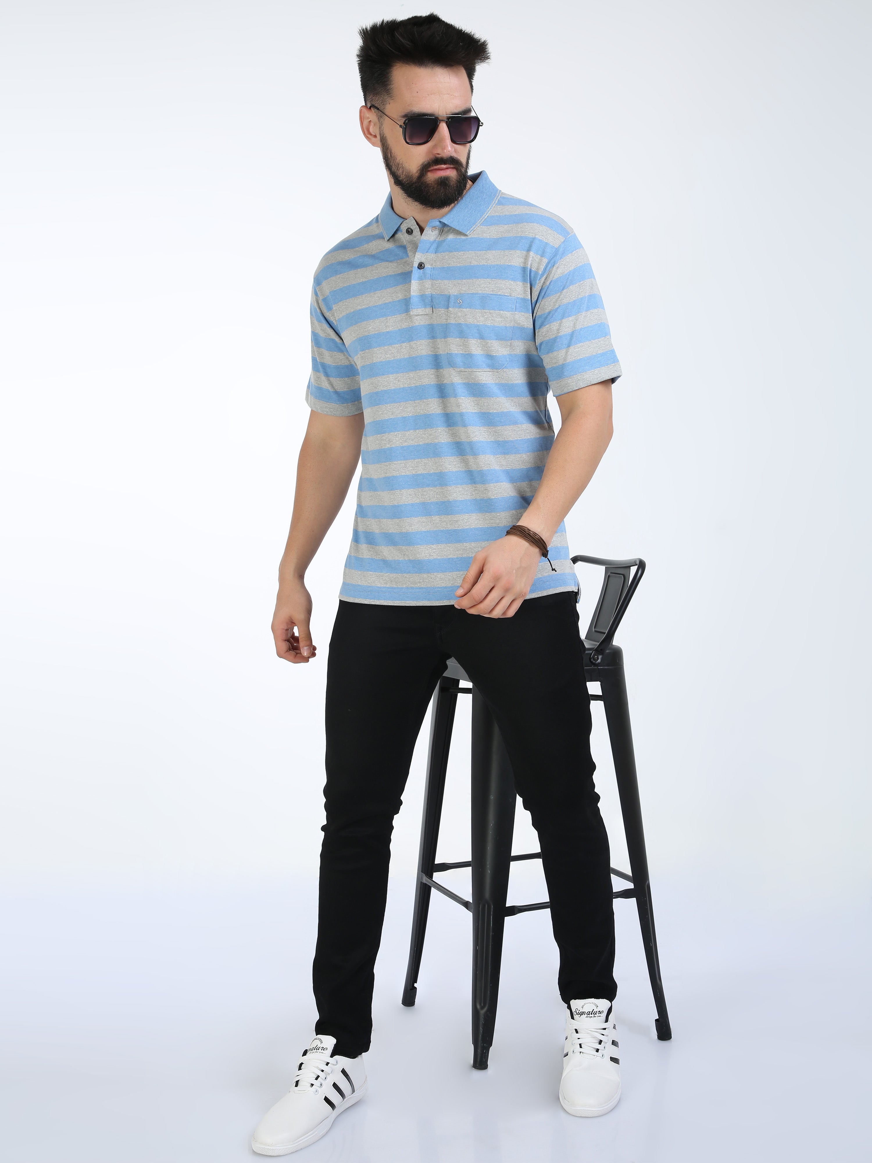 Classic Polo Mens Cotton Half Sleeves Striped Authentic Fit Polo Neck Blue Color T-Shirt | Mel - 239 A Af P