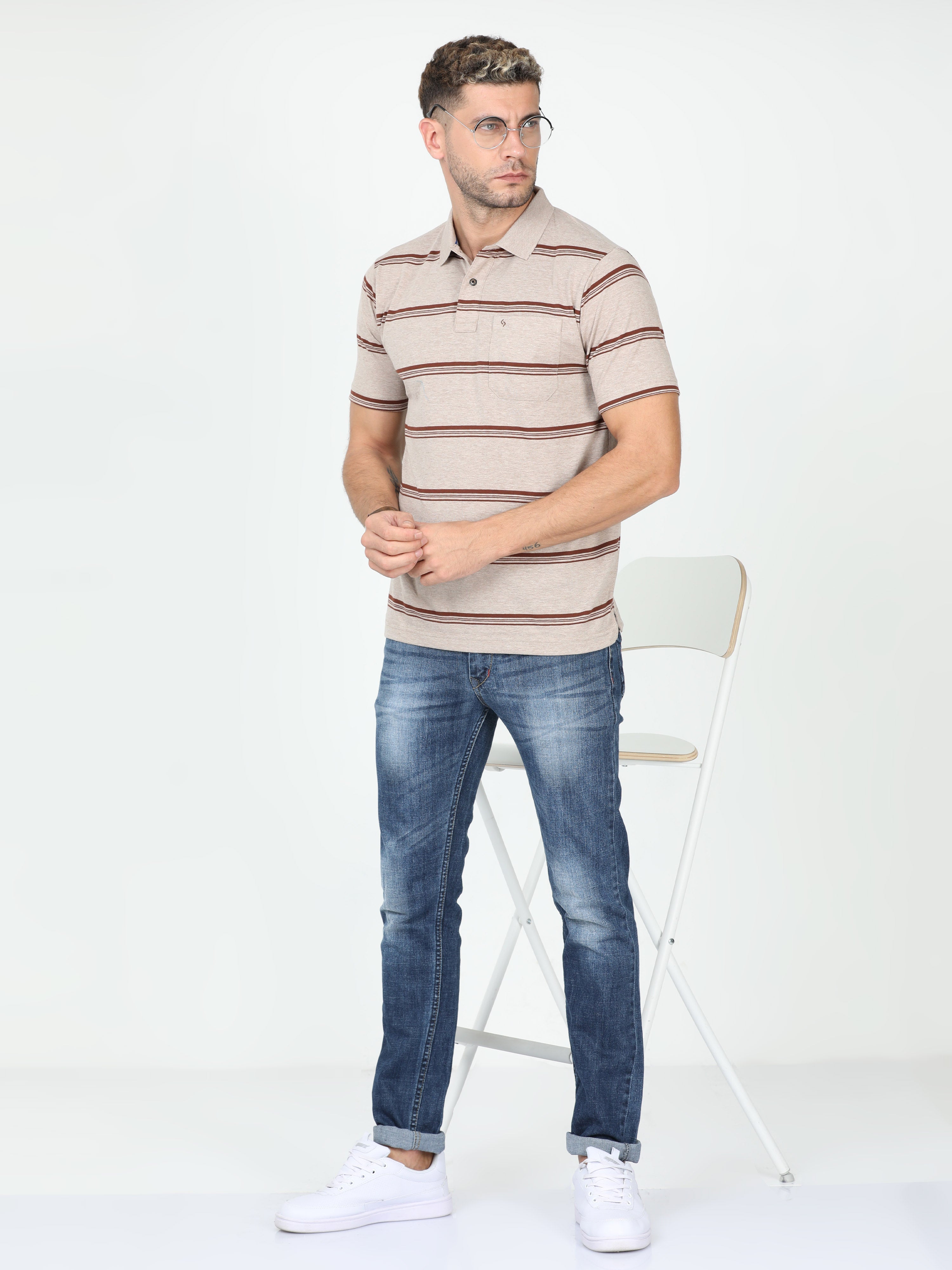 Classic Polo Mens Cotton Blended Half Sleeve Striped Authentic Fit Polo Neck Brown Color T Shirt | F-Avon - 108 B