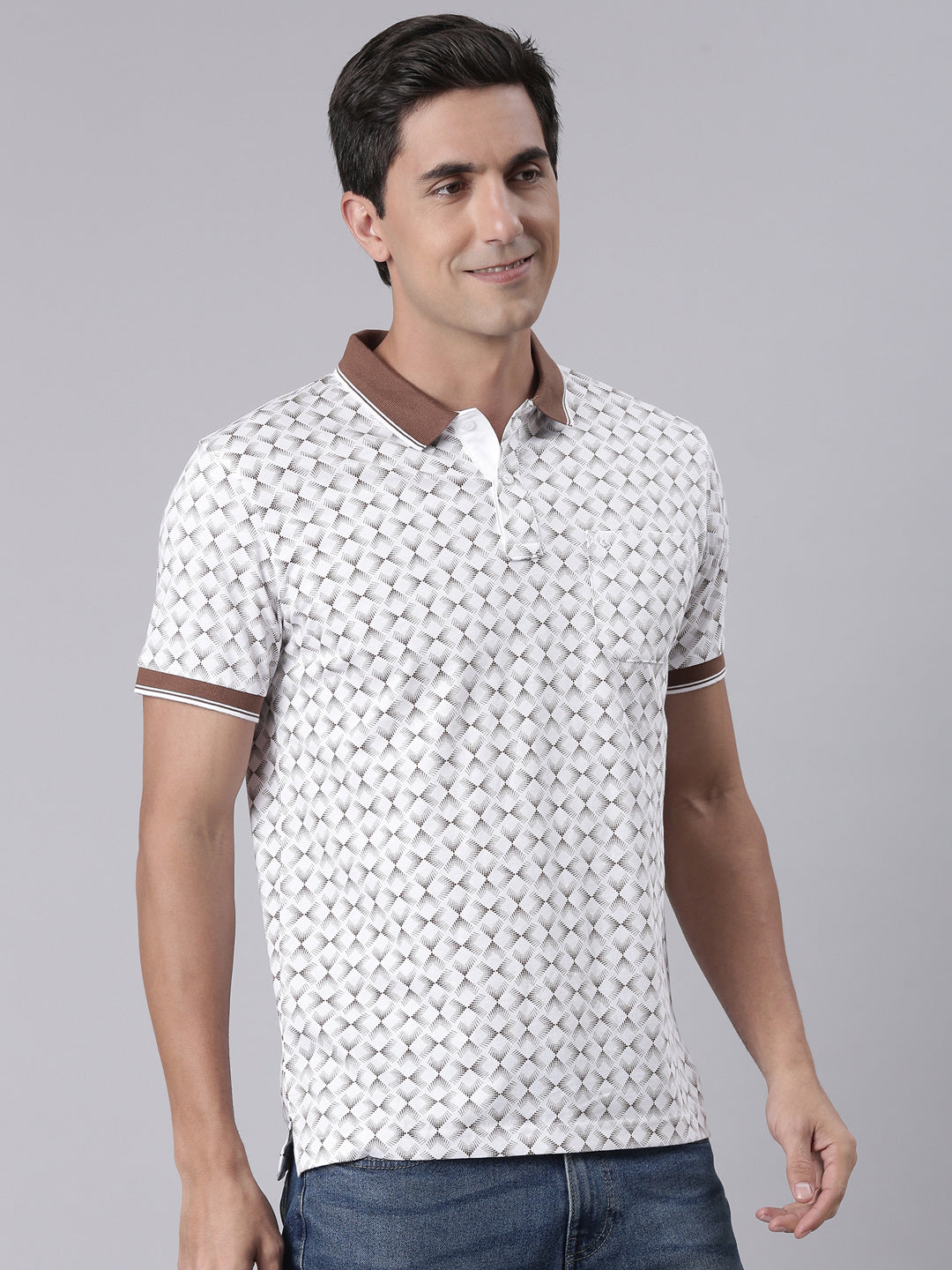 Classic Polo Men's Half Sleeve White/Brown Polo Neck Slim Fit All Over Print Cotton T-Shirt | BELLO - 351 A SF P