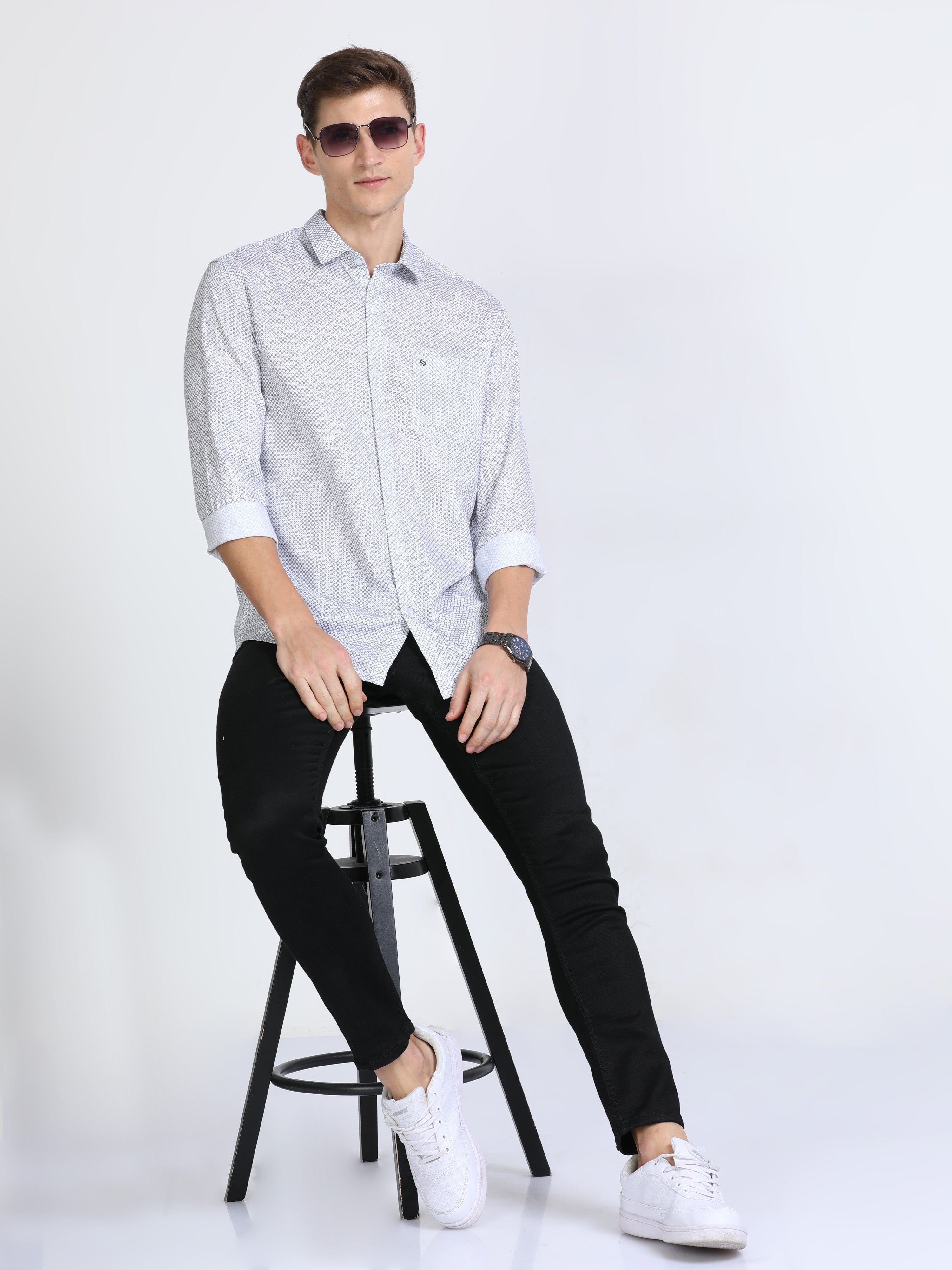 Classic Polo Mens Pure Cotton Full Sleeves Printed Slim Fit Polo Neck White Color Woven Shirt | So2-160 A-Fs-Prt-Sf