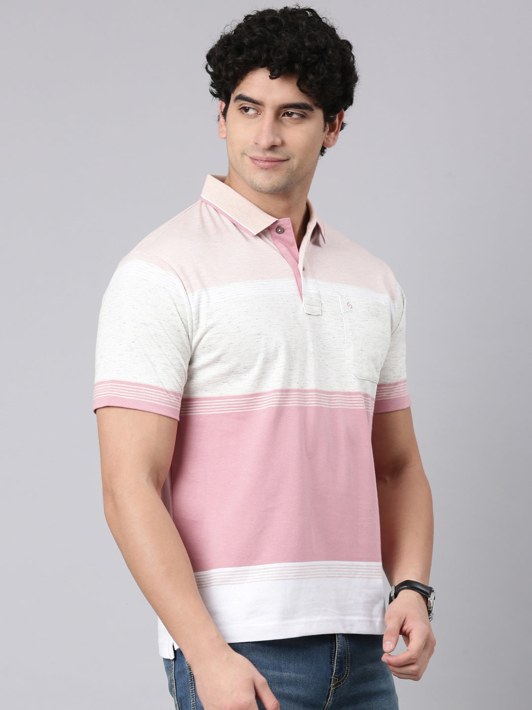 Classic Polo Men's Half Sleeve Mauve/Grey Polo Neck Authentic Fit Colorblock Cotton Blend T-Shirt | MEL - 288 B AF P