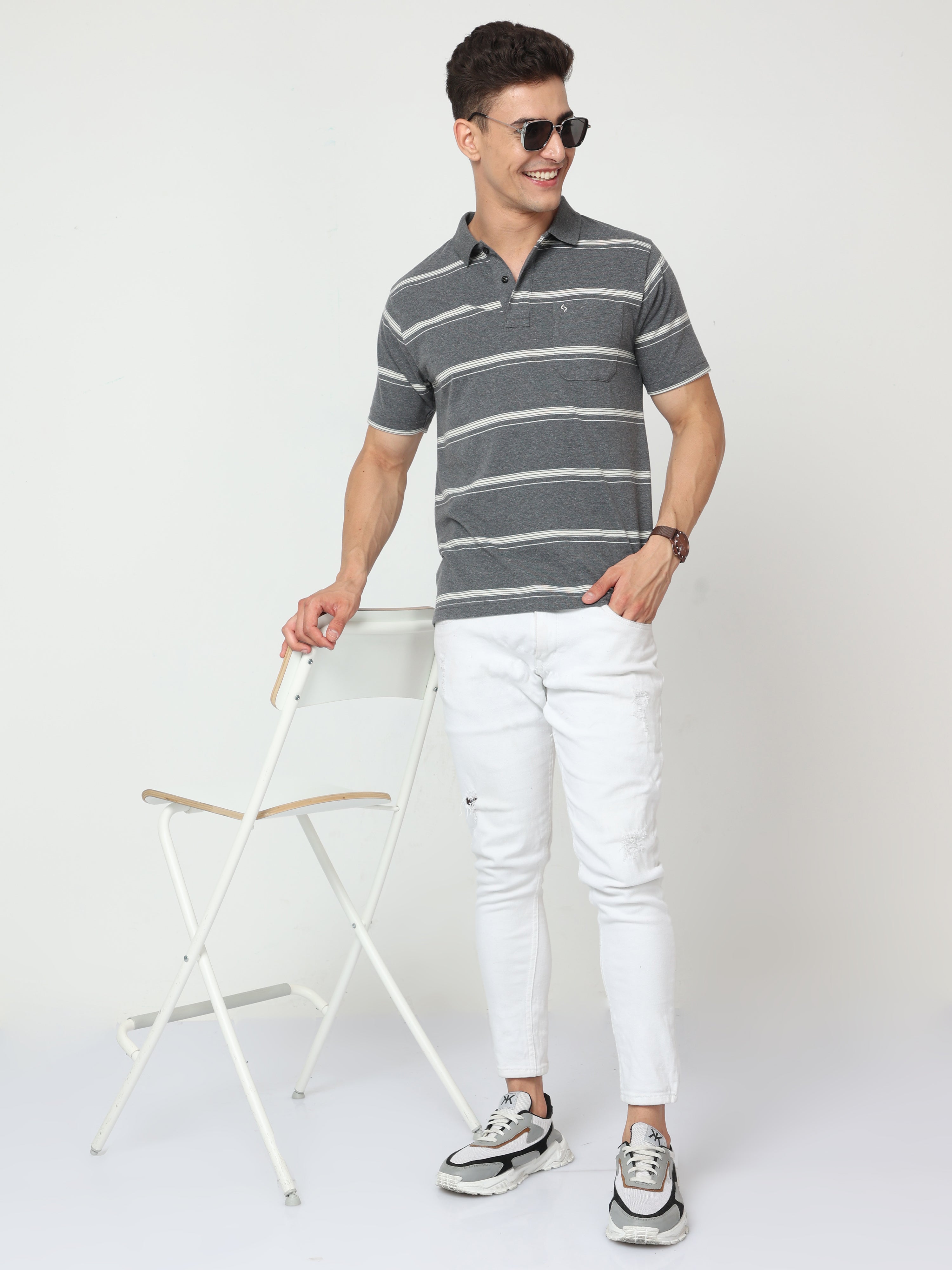 Classic Polo Mens Pure Cotton Half Sleeve Striped Regular Fit Polo Neck Grey Color T Shirt | F-Avon - 107 B