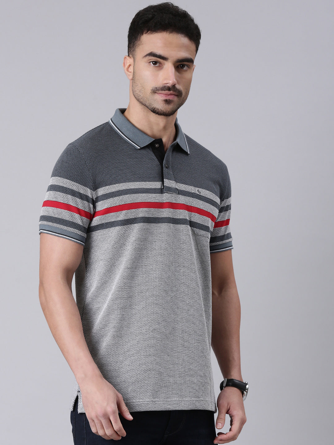 Classic Polo Men's Half Sleeve Grey Polo Neck Slim Fit Striped Cotton Blend T-Shirt | VTA - 299 B SF P