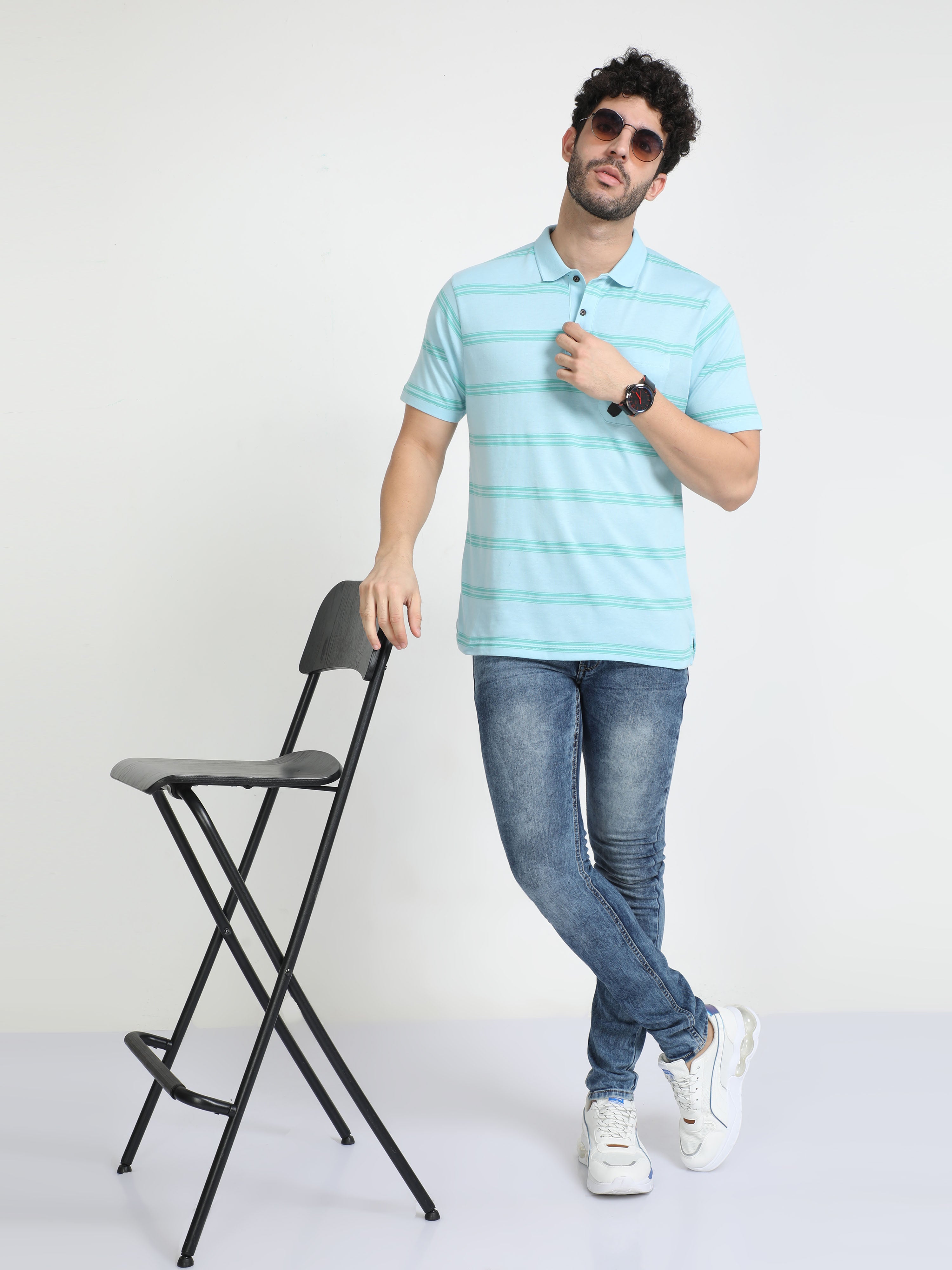 Classic Polo Mens Cotton Half Sleeves Striped Authentic Fit Polo Neck Aqua Color T-Shirt | Avon - 536 B Af P