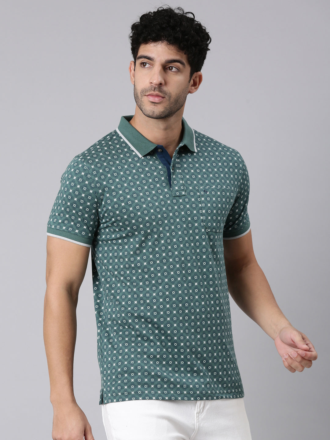 Classic Polo Men's Half Sleeve Green/White Polo Neck Slim Fit All-Over Print Cotton T-Shirt | BELLO - 395 B SF P