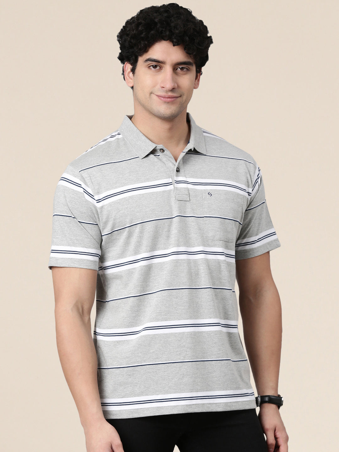 Classic Polo Men's Half Sleeve Grey Polo Neck Authentic Fit Striped Cotton Blend T-Shirt | AVON - 659 A AF P