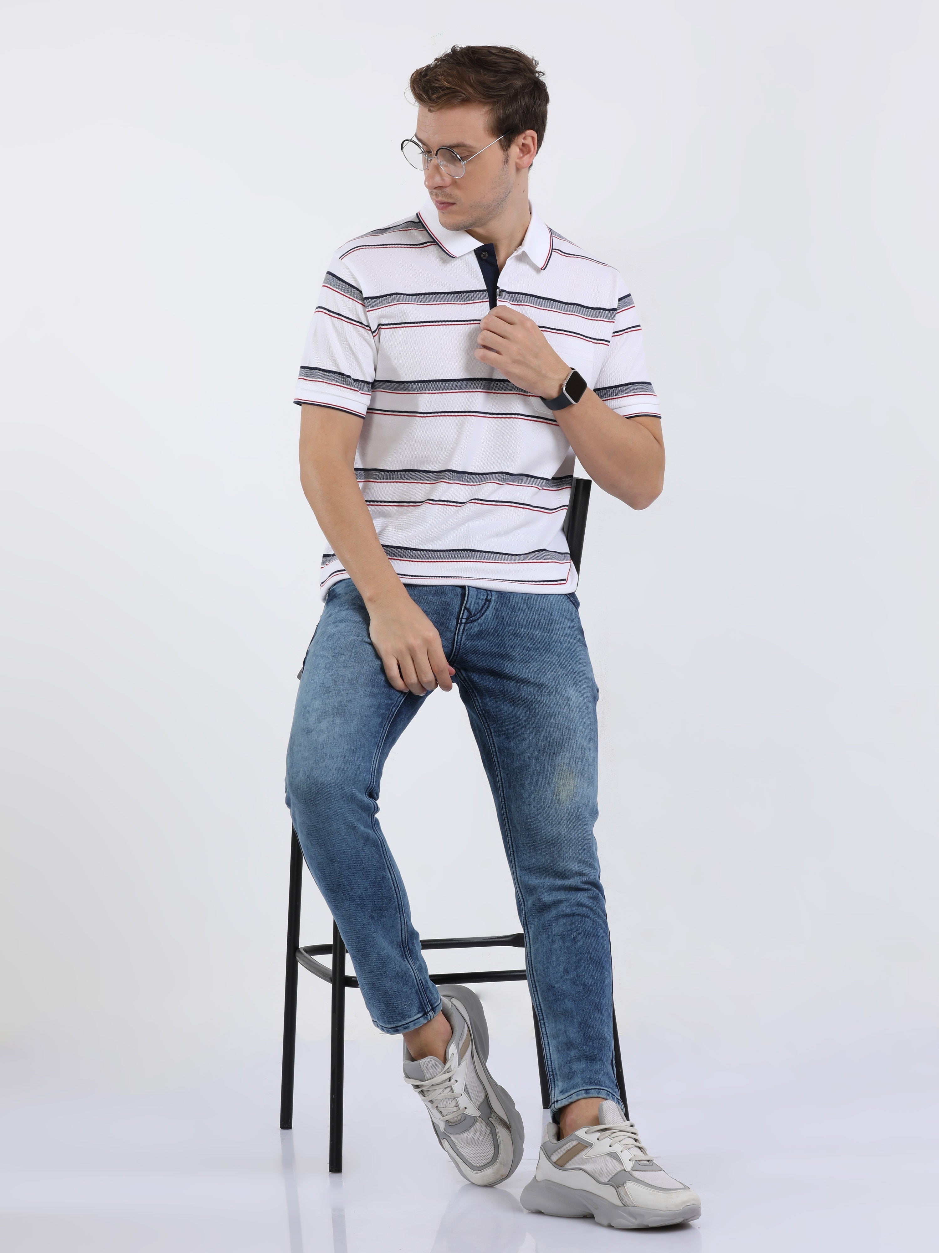 Classic Polo Mens Cotton Half Sleeves Striped Slim Fit Polo Neck White Color T-Shirt | Adore - 207 B Sf P