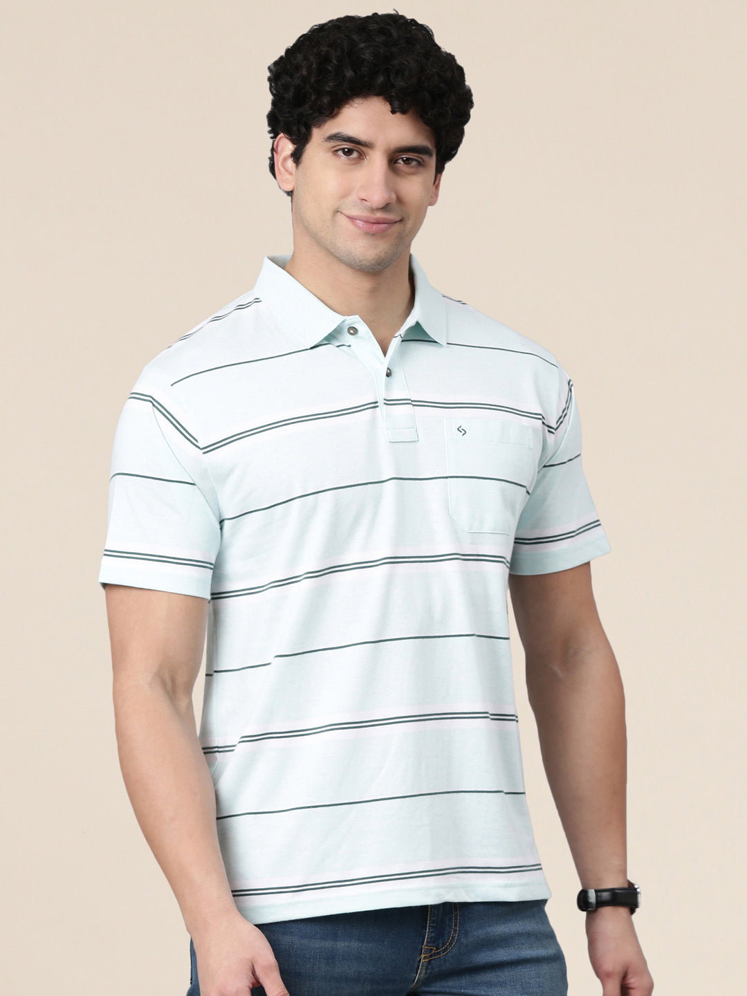 Classic Polo Men's Half Sleeve Light Blue Polo Neck Authentic Fit Striped Cotton Blend T-Shirt | AVON - 659 B AF P