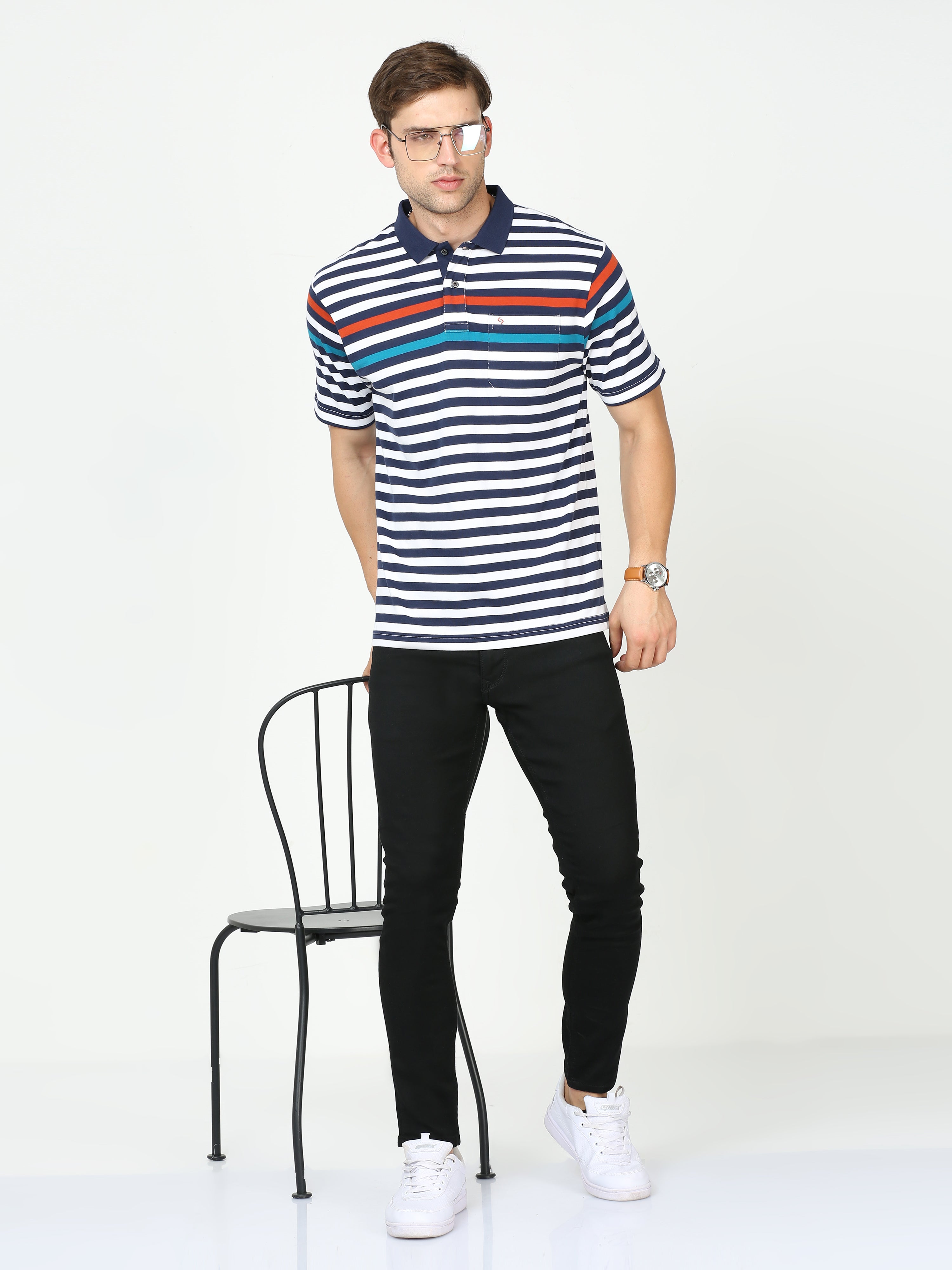 Classic Polo Mens Cotton Half Sleeves Striped Authentic Fit Polo Neck White Color T-Shirt | Avon - 550 A Af P