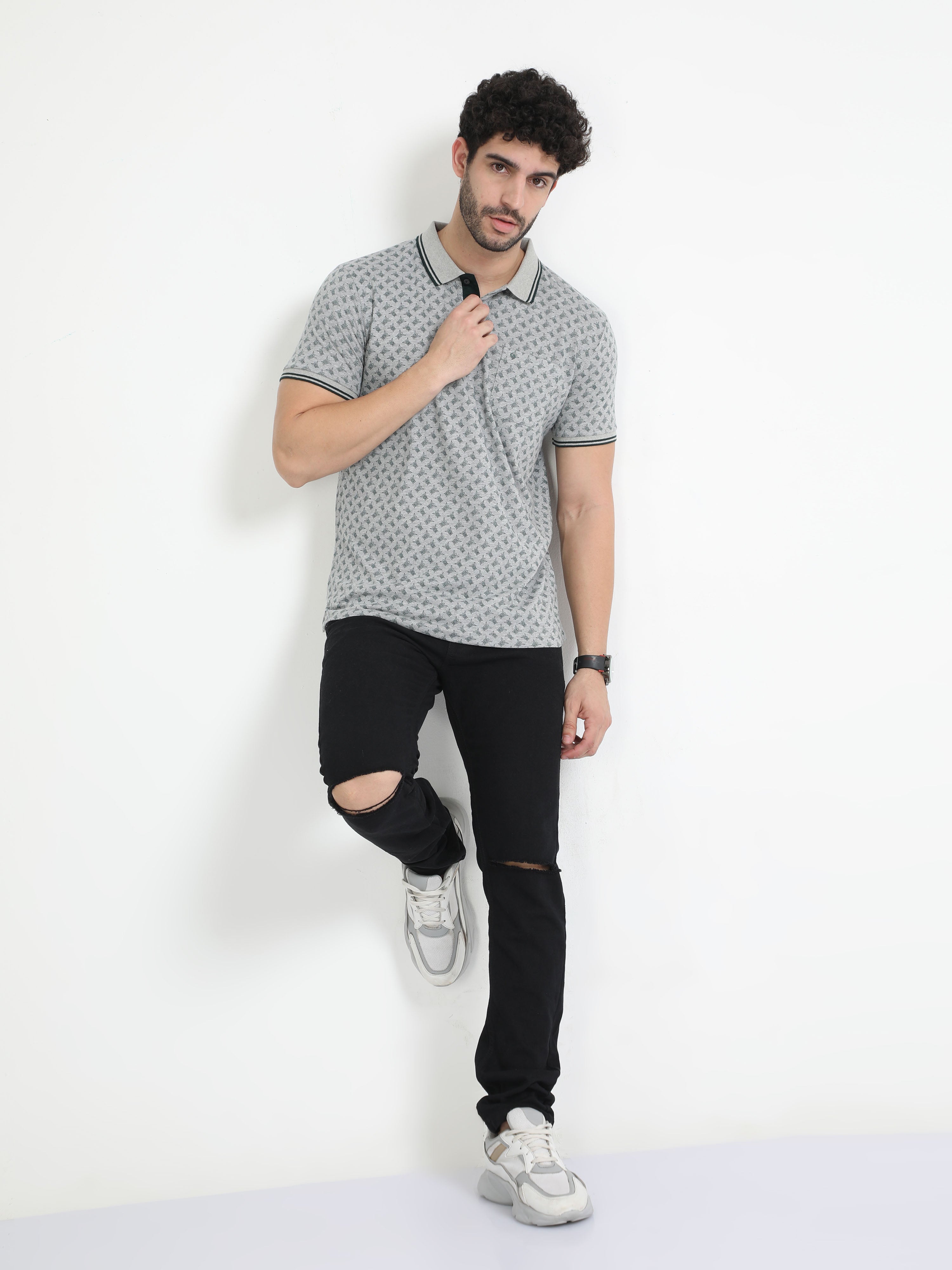 Classic Polo Mens Cotton Half Sleeves Floral Slim Fit Polo Neck Grey Color T-Shirt | Bello - 226 A Sf P