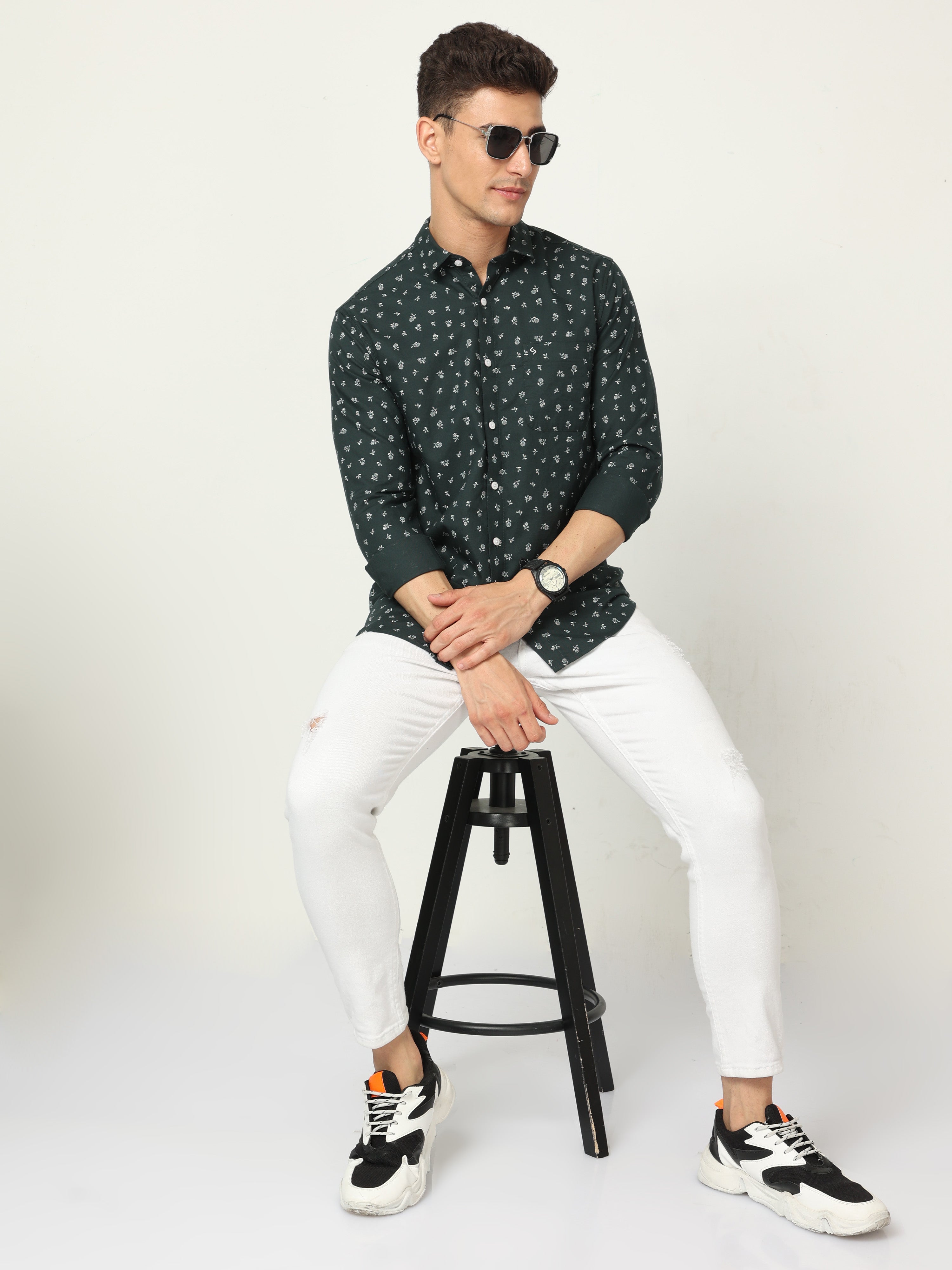 Classic Polo Mens Cotton Full Sleeve Printed Slim Fit Polo Neck Black Color Woven Shirt | SO1-172 A-FS-PRT