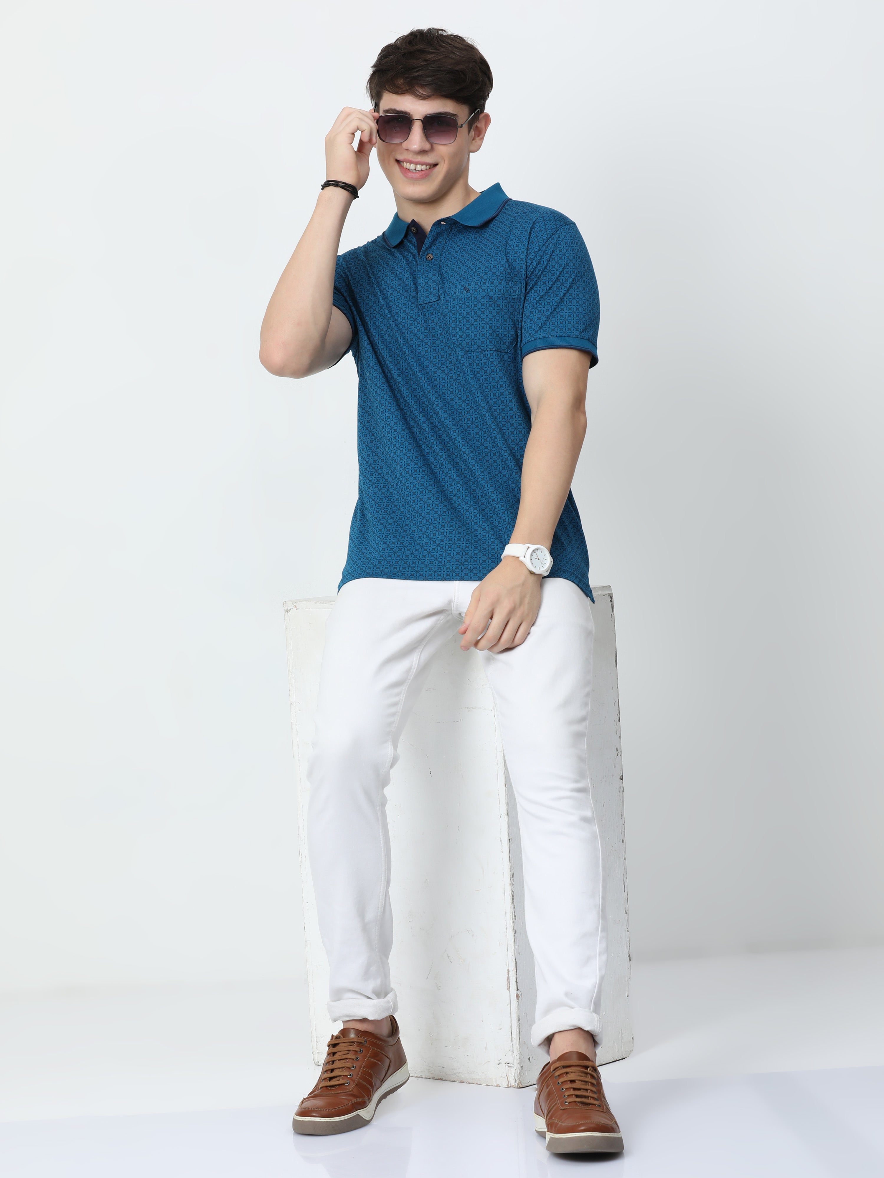 Classic Polo Mens Cotton Half Sleeves Floral Slim Fit Polo Neck Blue Color T-Shirt | Bello - 219 B Sf P