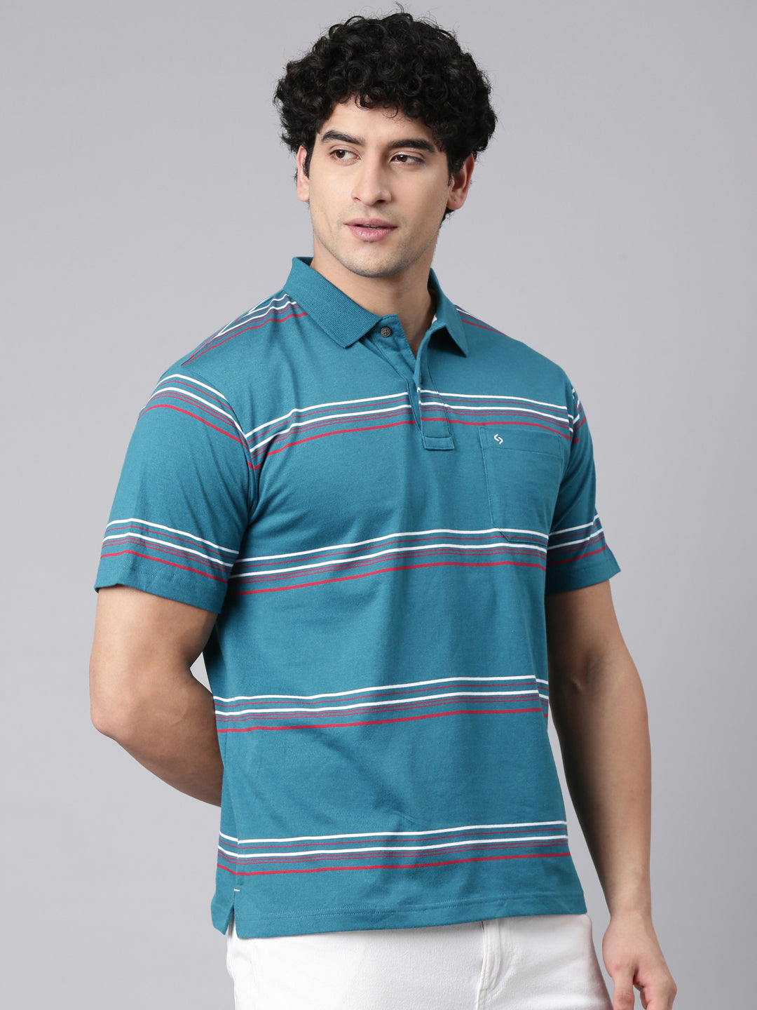 Classic Polo Men's Half Sleeve Teal Blue Polo Neck Authentic Fit Striped Cotton Blend T-Shirt | AVON - 650 B AF P