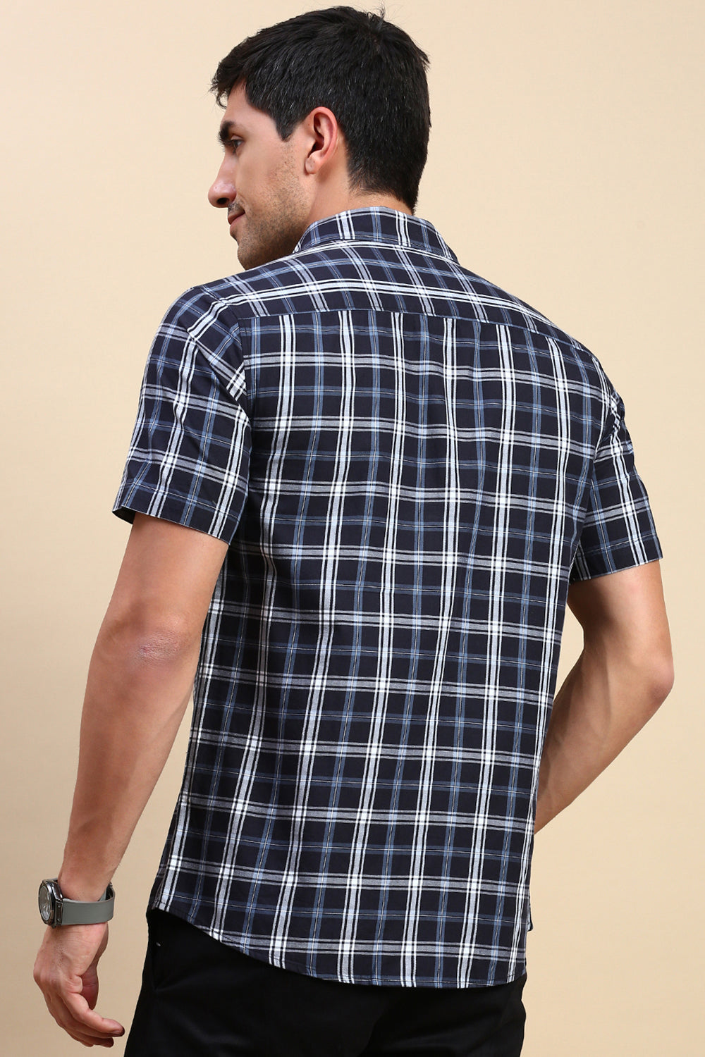 Classic Polo Men's Half Sleeve Navy/White Polo Neck Slim Fit Checked Shirt | SP2-CL-76 B-HS-CHK-SF