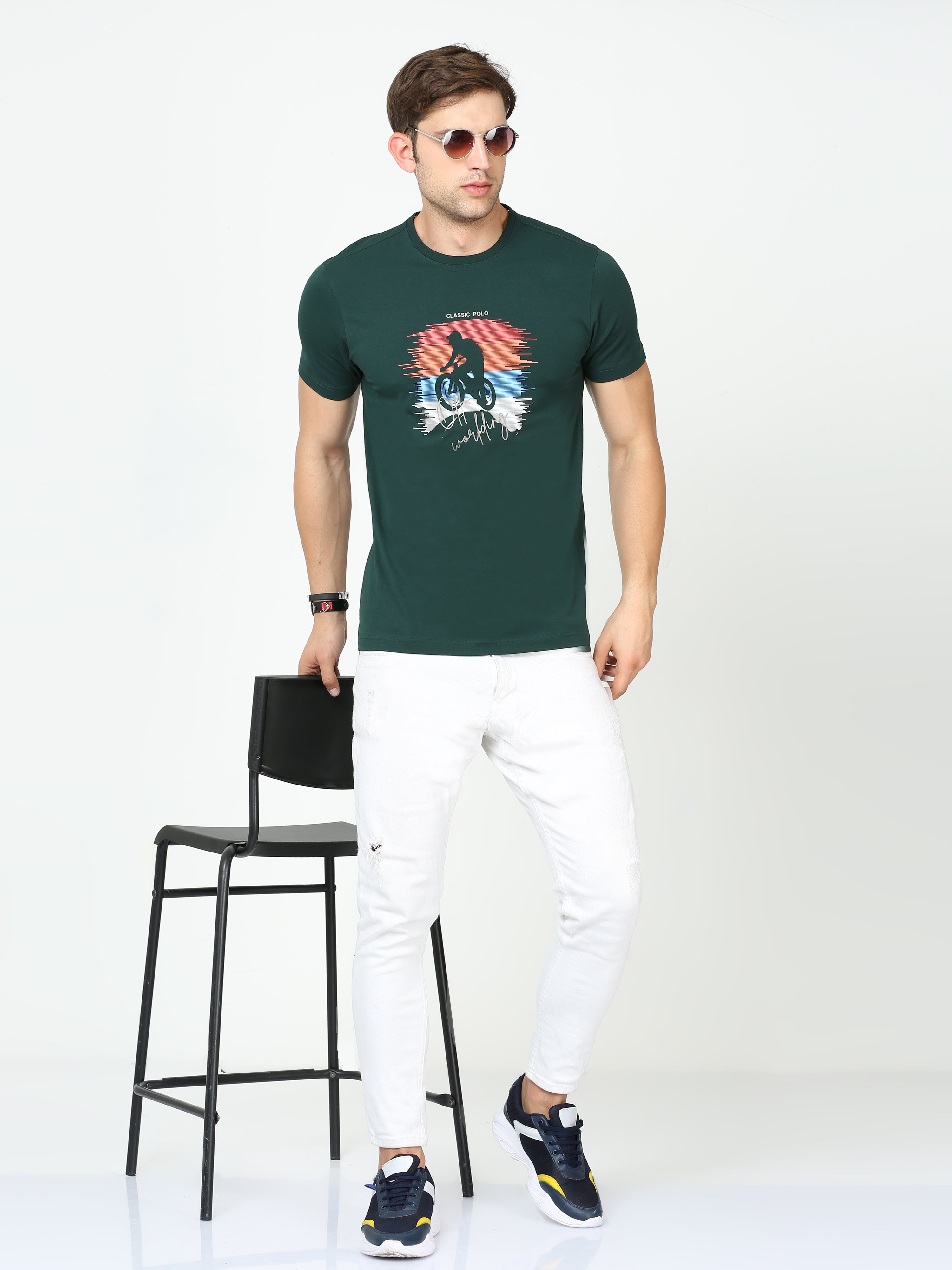 Classic Polo Mens Cotton Half Sleeves Printed Slim Fit Crew Neck Green Color T-Shirt | Baleno - 556 B Sf C