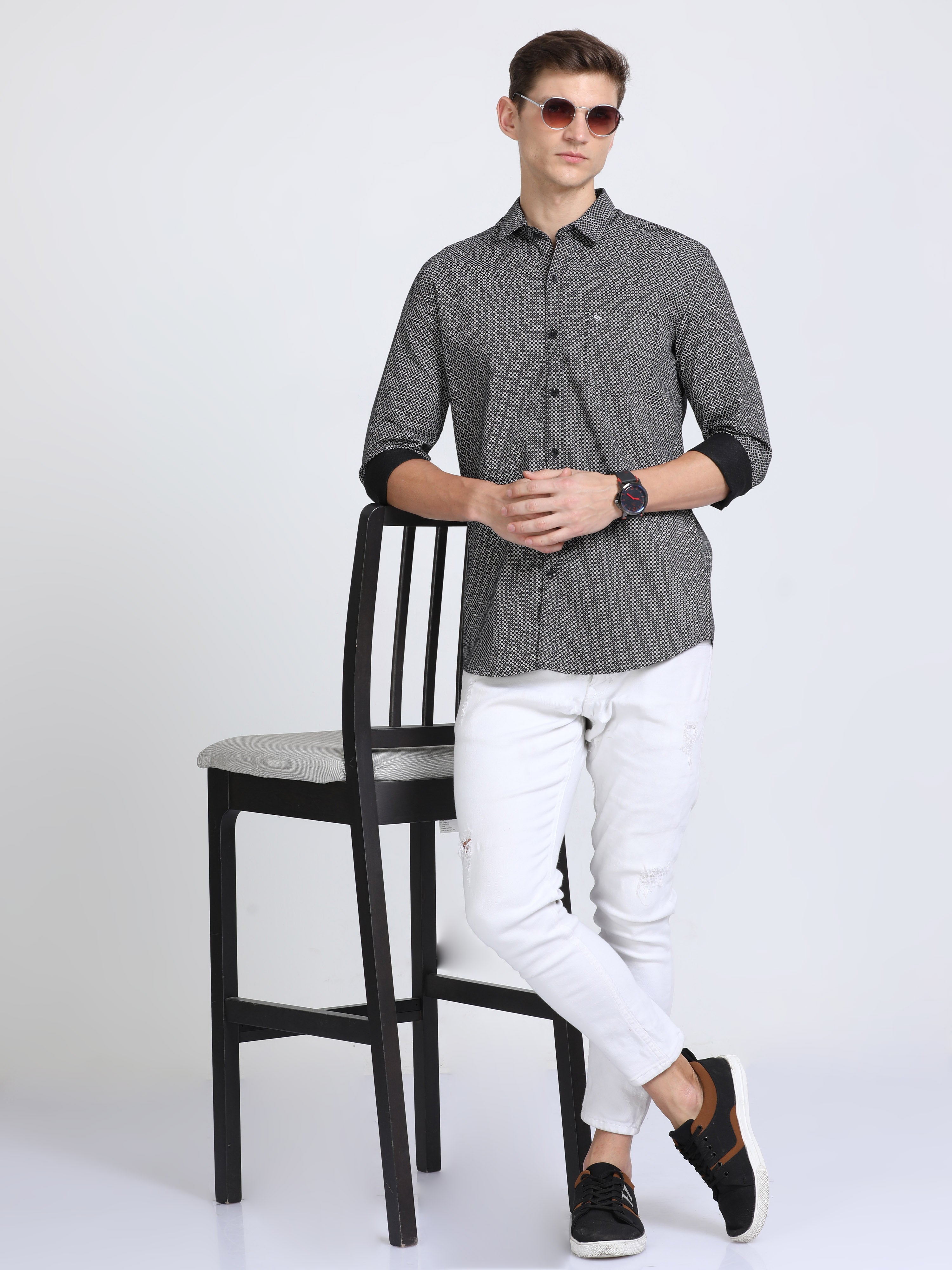 Classic Polo Mens Pure Cotton Full Sleeves Printed Slim Fit Polo Neck Black Color Woven Shirt | So2-160 B-Fs-Prt-Sf