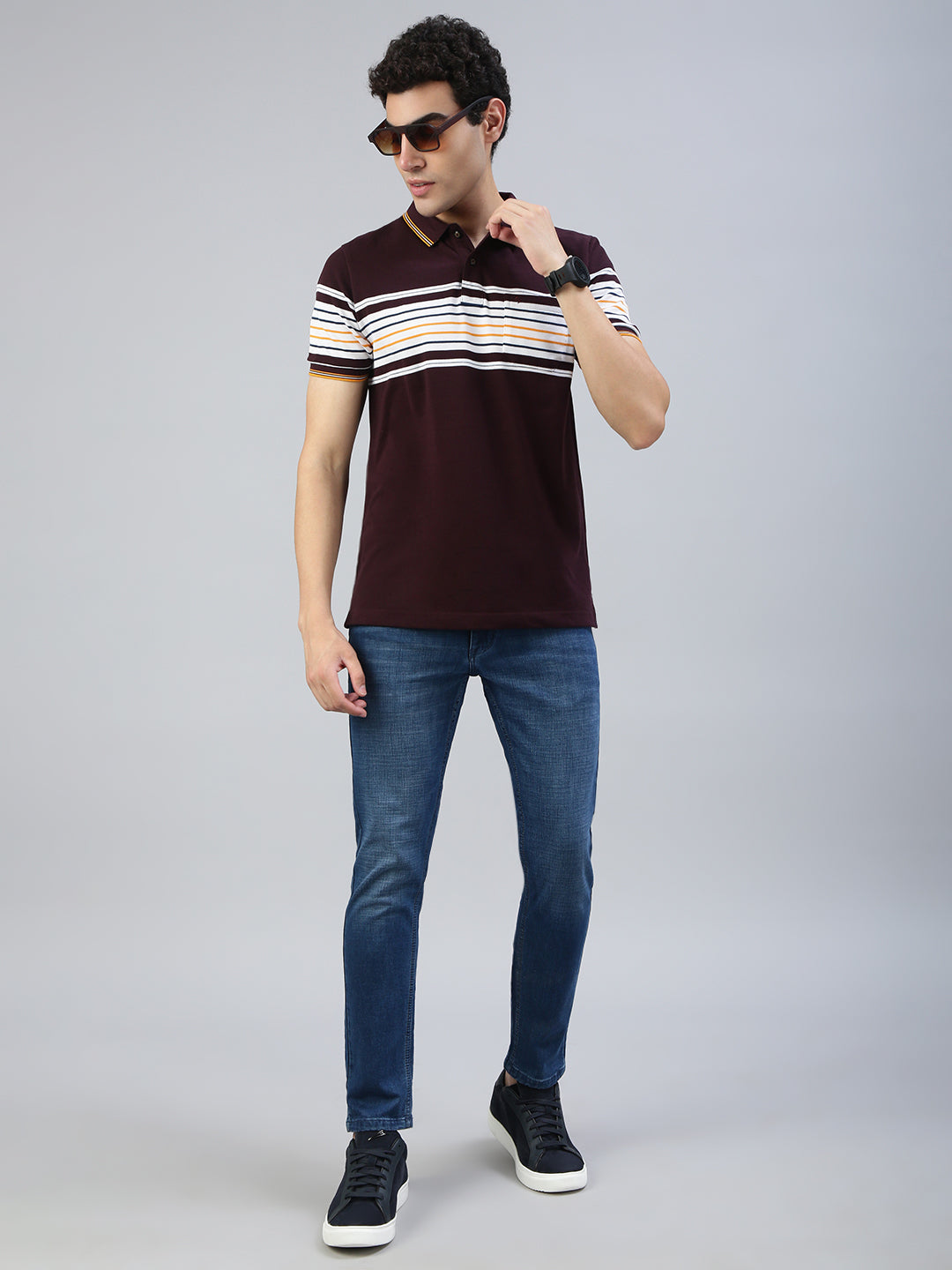 Classic Polo Men's Half Sleeve Burgundy/White Polo Neck Slim Fit Striped T-Shirt||VTA - 302 A SF P