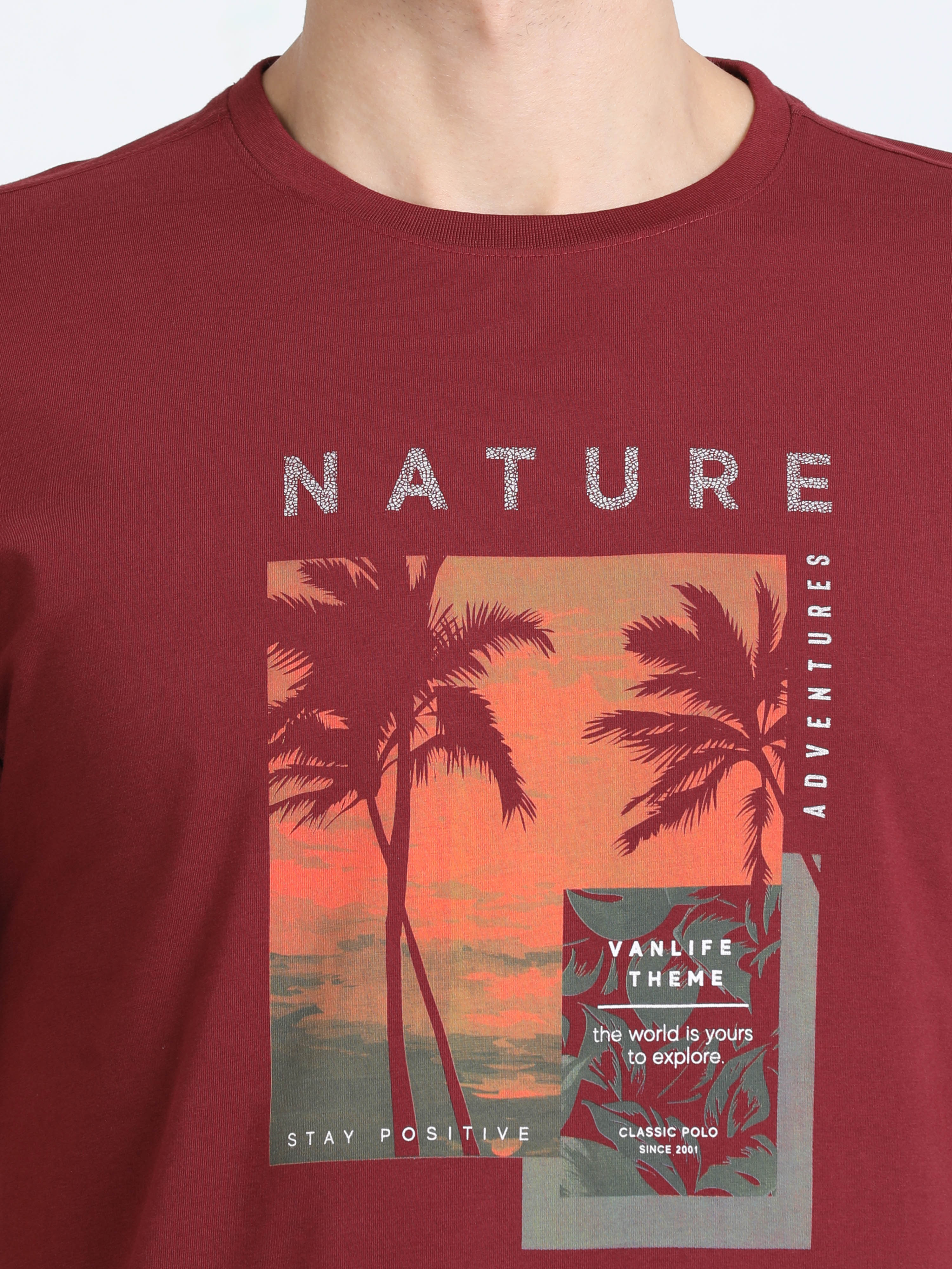 Classic Polo Mens Cotton Half Sleeves Printed Slim Fit Crew Neck Brown Color T-Shirt | Baleno - 555 B Sf C