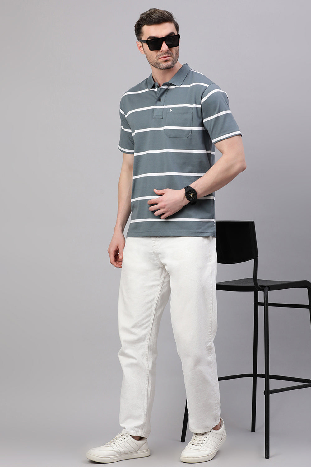 Classic Polo Men's Half Sleeve Dark Grey/White Polo Neck Authentic Fit Striped T-Shirt | AVON - 609 B AF P