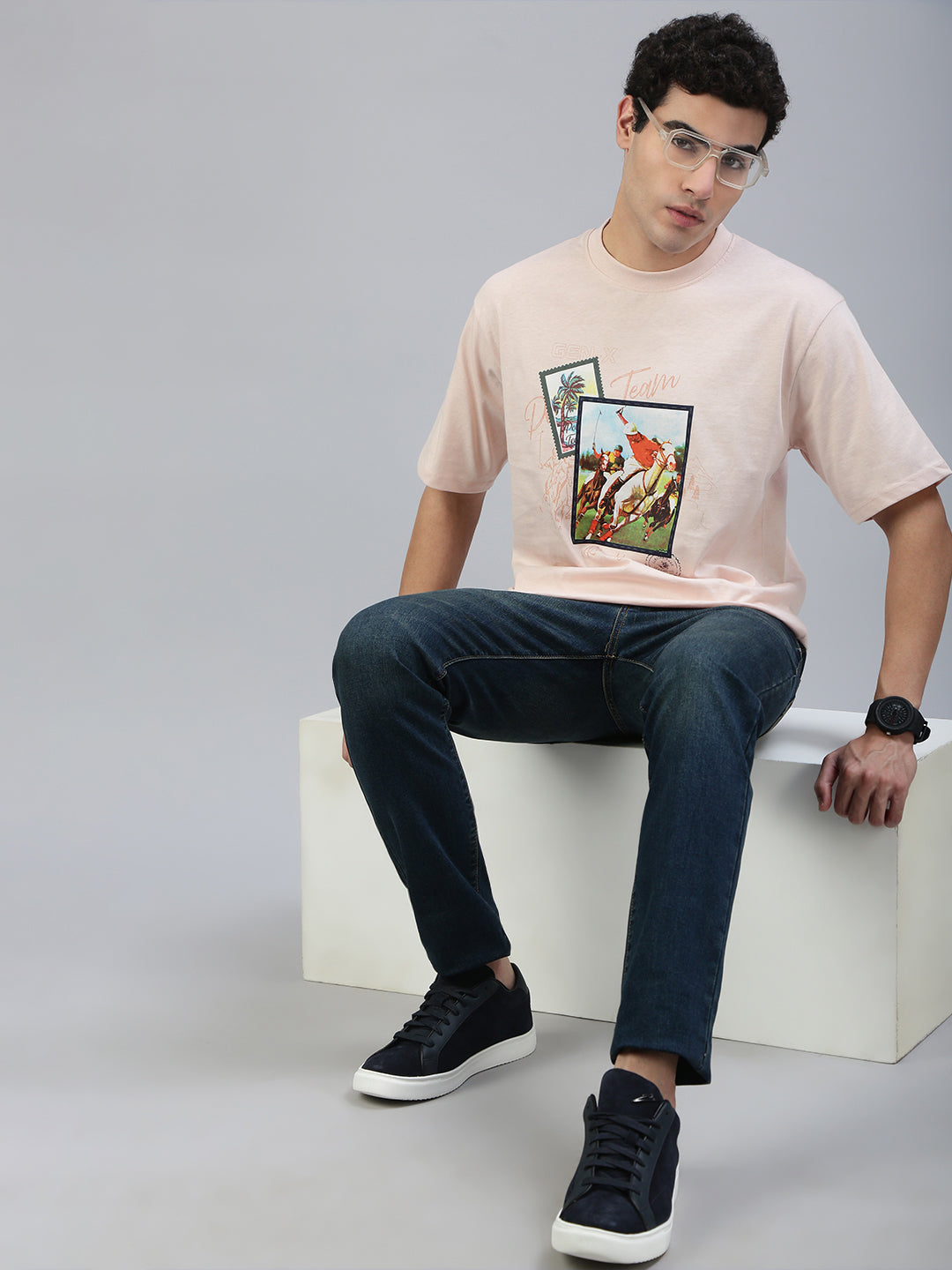 Classic Polo Men's Half Sleeve Beige Crew Neck Slim Fit Printed Drop Shoulder T-Shirt||GEN-X-CREW 73 A SF C