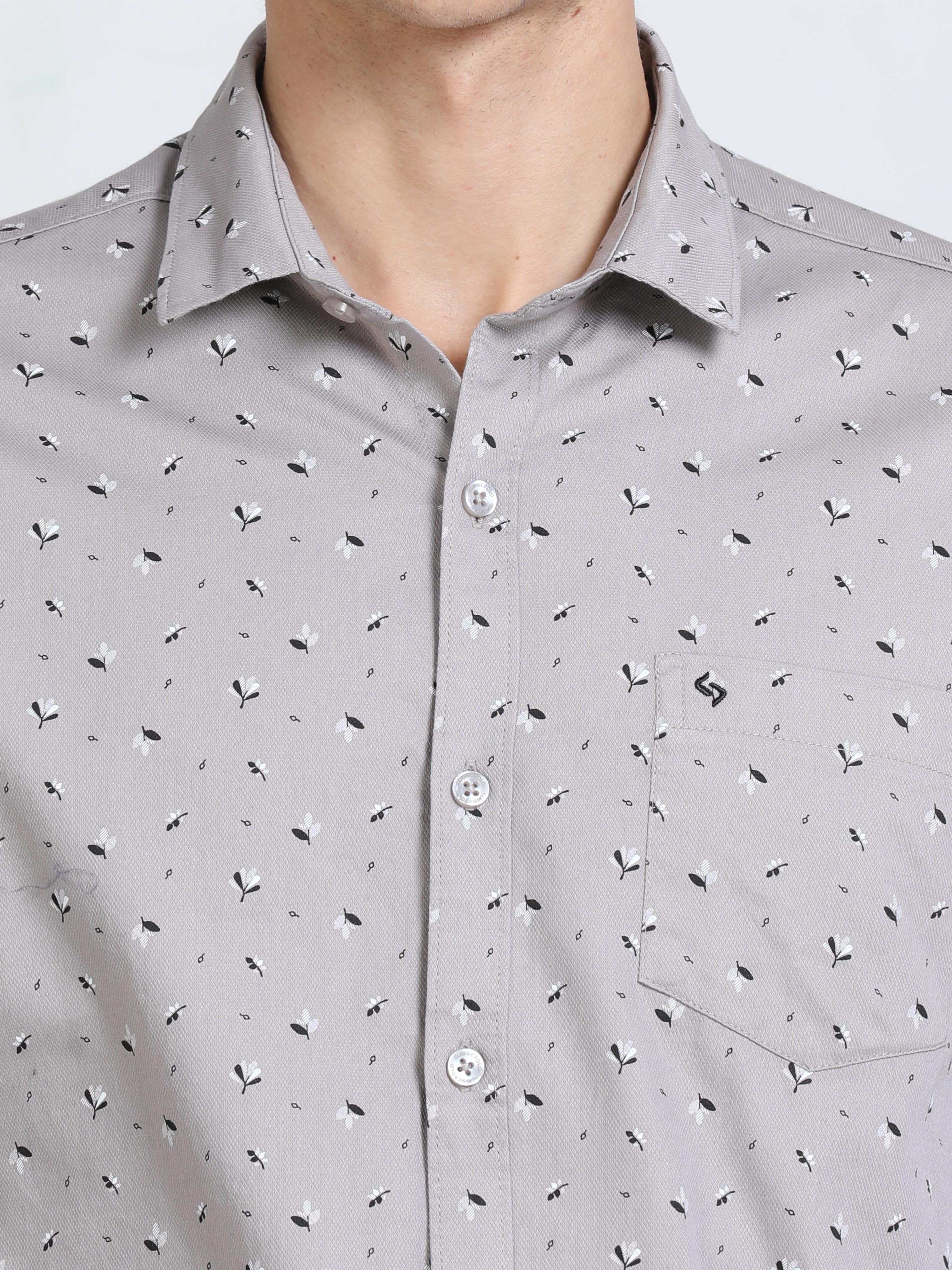 Classic Polo Mens Pure Cotton Full Sleeves Printed Slim Fit Polo Neck Grey Color Woven Shirt | So2-165 A-Fs-Prt-Sf